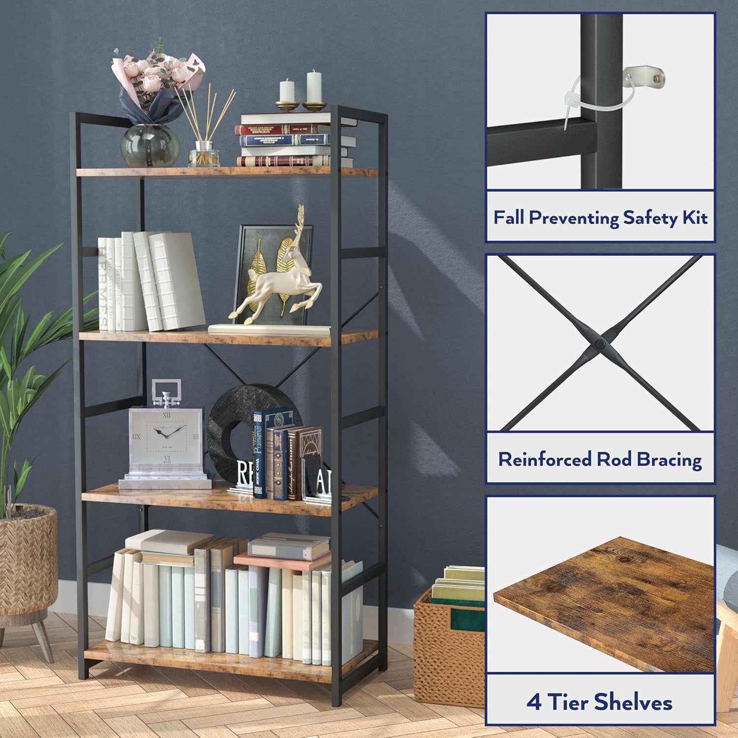 NUMENN 5 Tier Bookshelf, Tall Freestanding Open Storage Bookcase, Vintage
