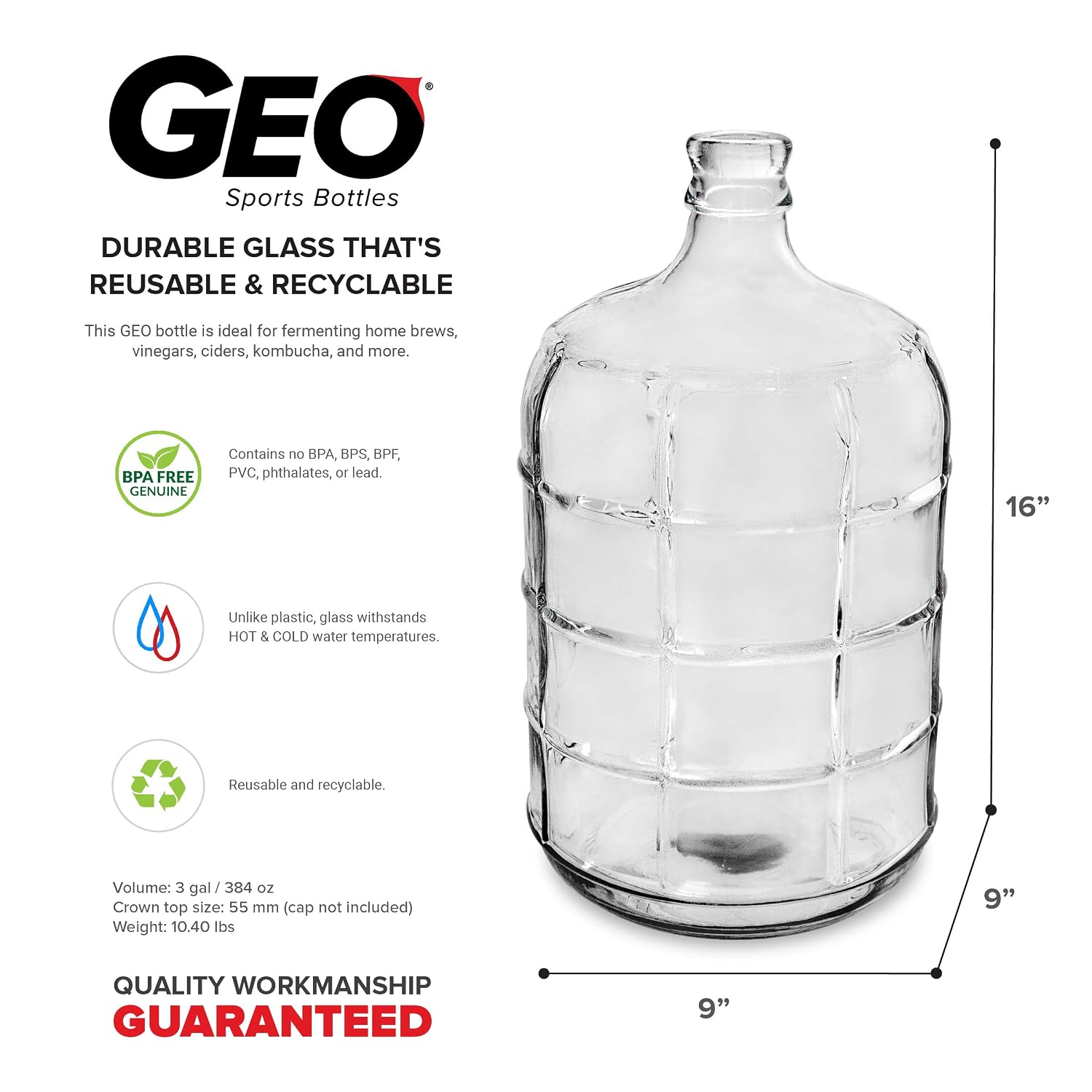 3 Gallon Round Glass Carboy Fits 30mm Cork Finish or 55mm Push Cap Home Brew (Clear Glass) (BT3GG)
