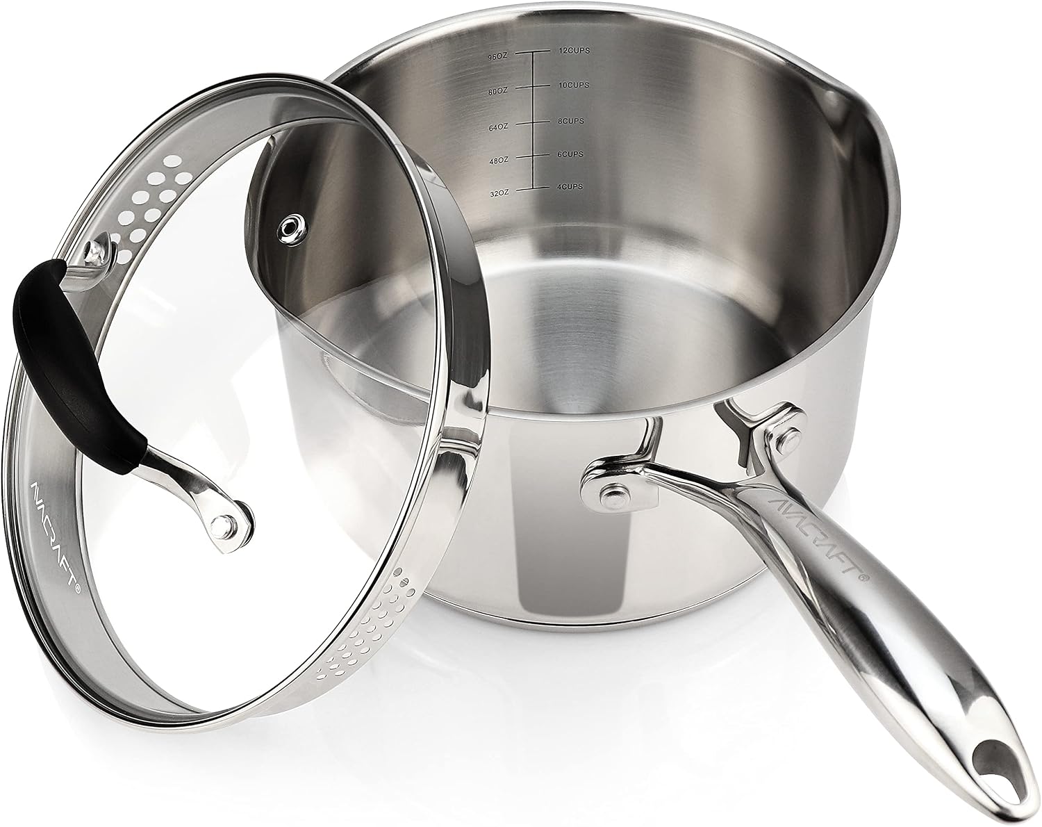 AVACRAFT 2.5 Quart Stainless Steel Saucepan with Glass Strainer Lid | 18/10 Stainless Steel, 5-Ply Capsule Base, Dual Pour Spouts, Induction Compatible, Ergonomic Handle, Dishwasher Safe