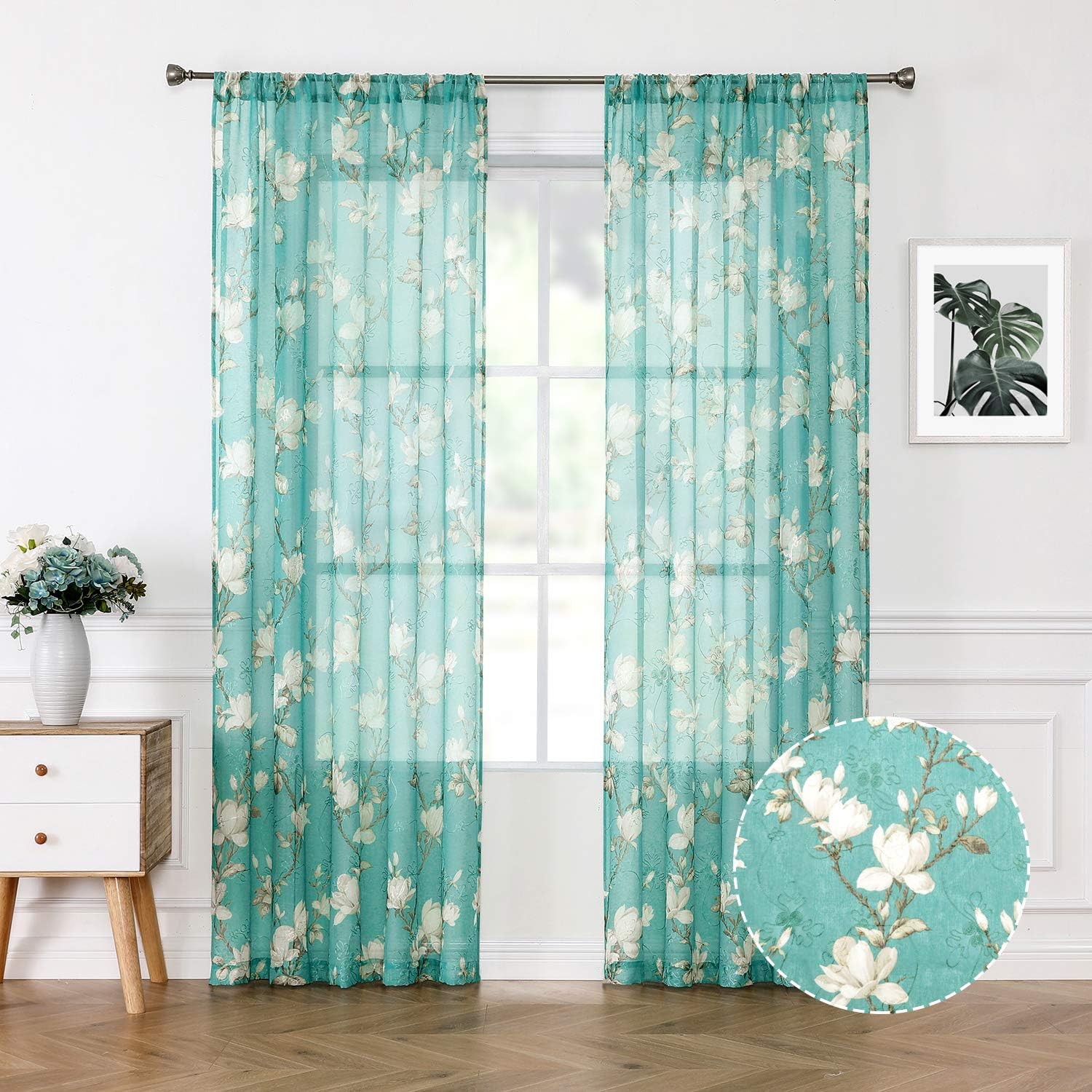 Tollpiz Floral Grey Sheer Curtain Flower Print Vine Embroidery Bedroom Curtains Rod Pocket Voile Window Curtain for Living Room, 54 x 84 inches Long