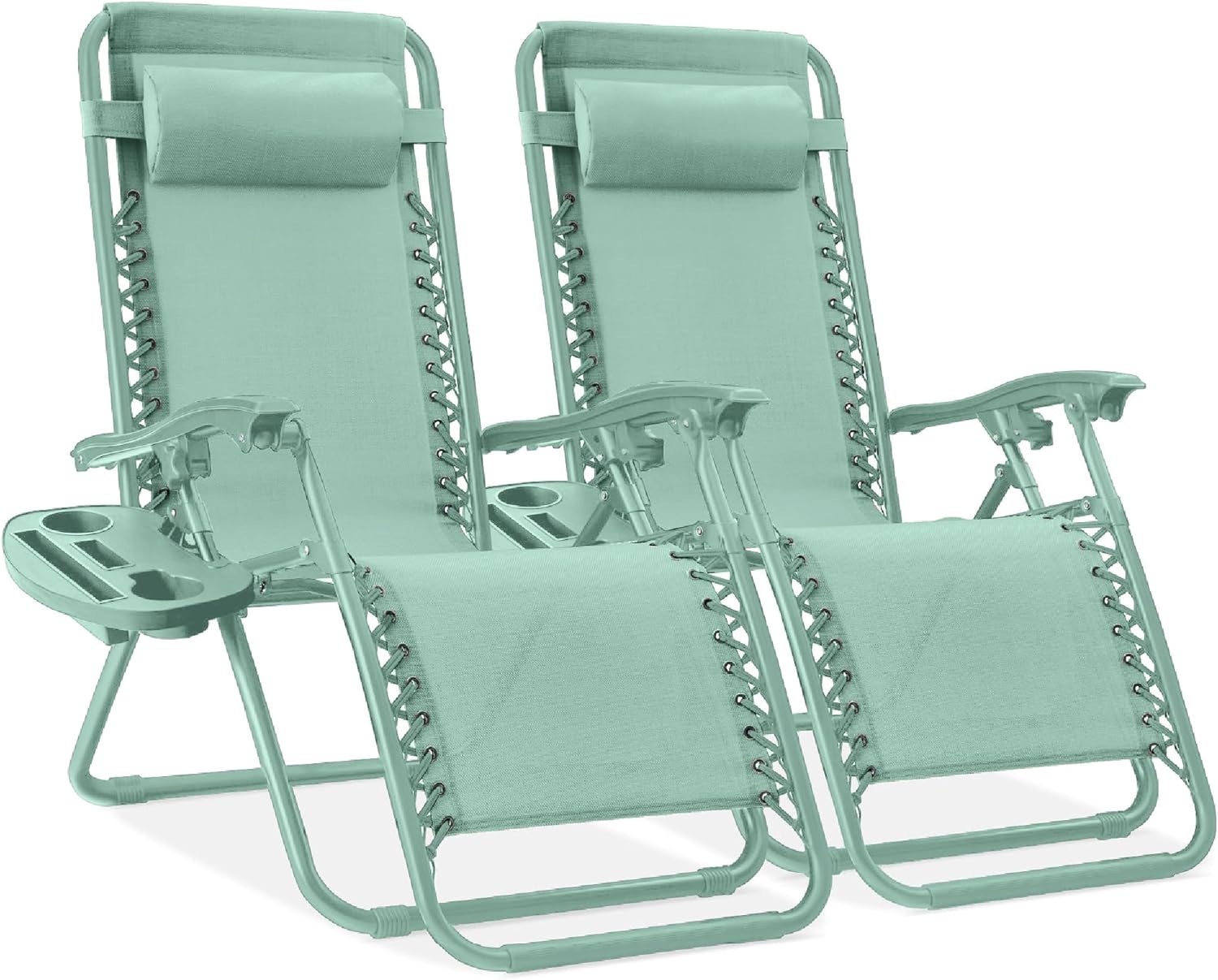 Best Choice Products Set of 2 Adjustable Steel Mesh Zero Gravity Lounge Chair Recliners w/Pillows and Cup Holder Trays - Light Blue