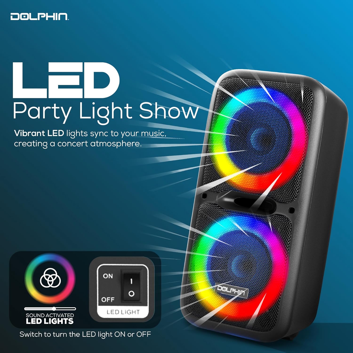 Dolphin Bluetooth Party Speaker with Wired Microphone, Dual 12" Woofers | 5-Band EQ, Hi-Fi Amplifier, Multicolor LED Lights, USB & AUX Playback