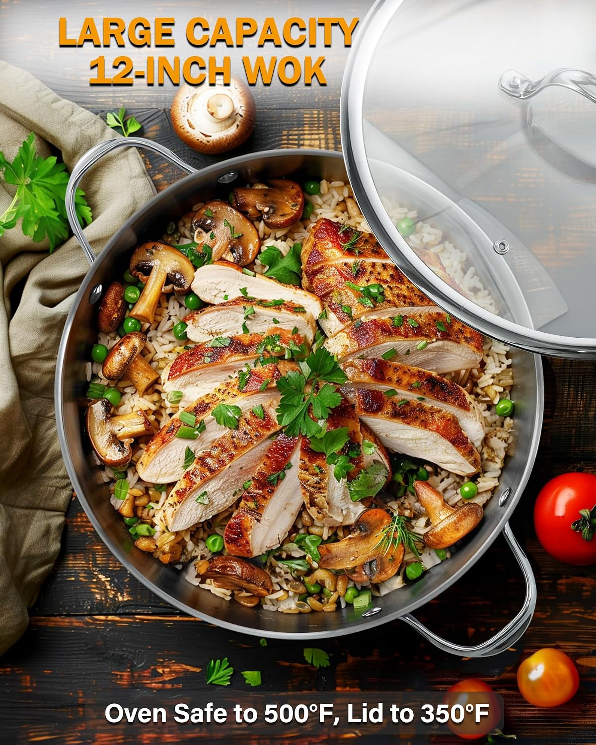 Cooks Standard Classic 12-Inch Stainless Steel Wok Stir Fry Pan with Glass Lid, 30cm Everyday Chef's Pan with Two Side Handles, Induction Compatible Cookware, Dishwasher & Oven Safe