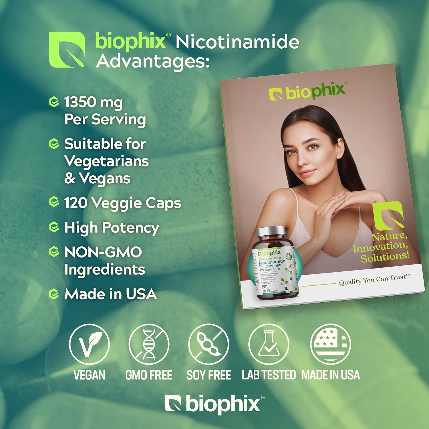 biophix B-3 Nicotinamide Pantothenate 1350 mg 120 Vcaps - Clear Skin Series B5 Pantothenic Acid Natural Flush-Free Nicotinic Amide Niacin - Supports