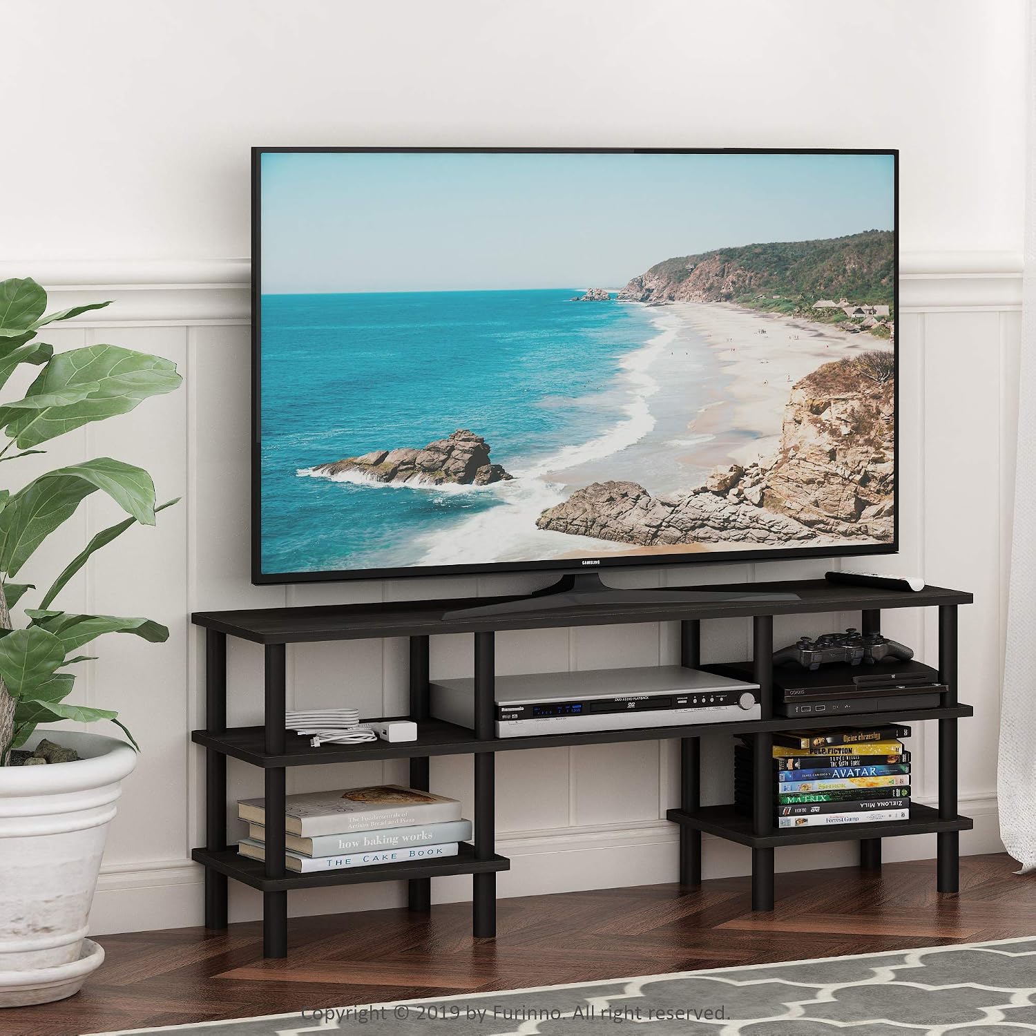 Furinno Nelly TV Stand, 3-Tier Entertainment Center with Open Shelves Storage, TV Console for TV up to 55 Inch, Soft Edges, for Living Room, Bedroom, Black