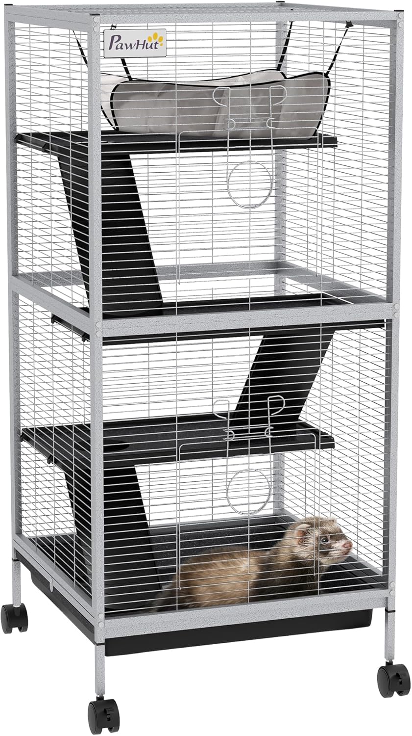 PawHut Metal Small Animal Cage, 4-Tiers Rolling Big Ferret Cage, Gray