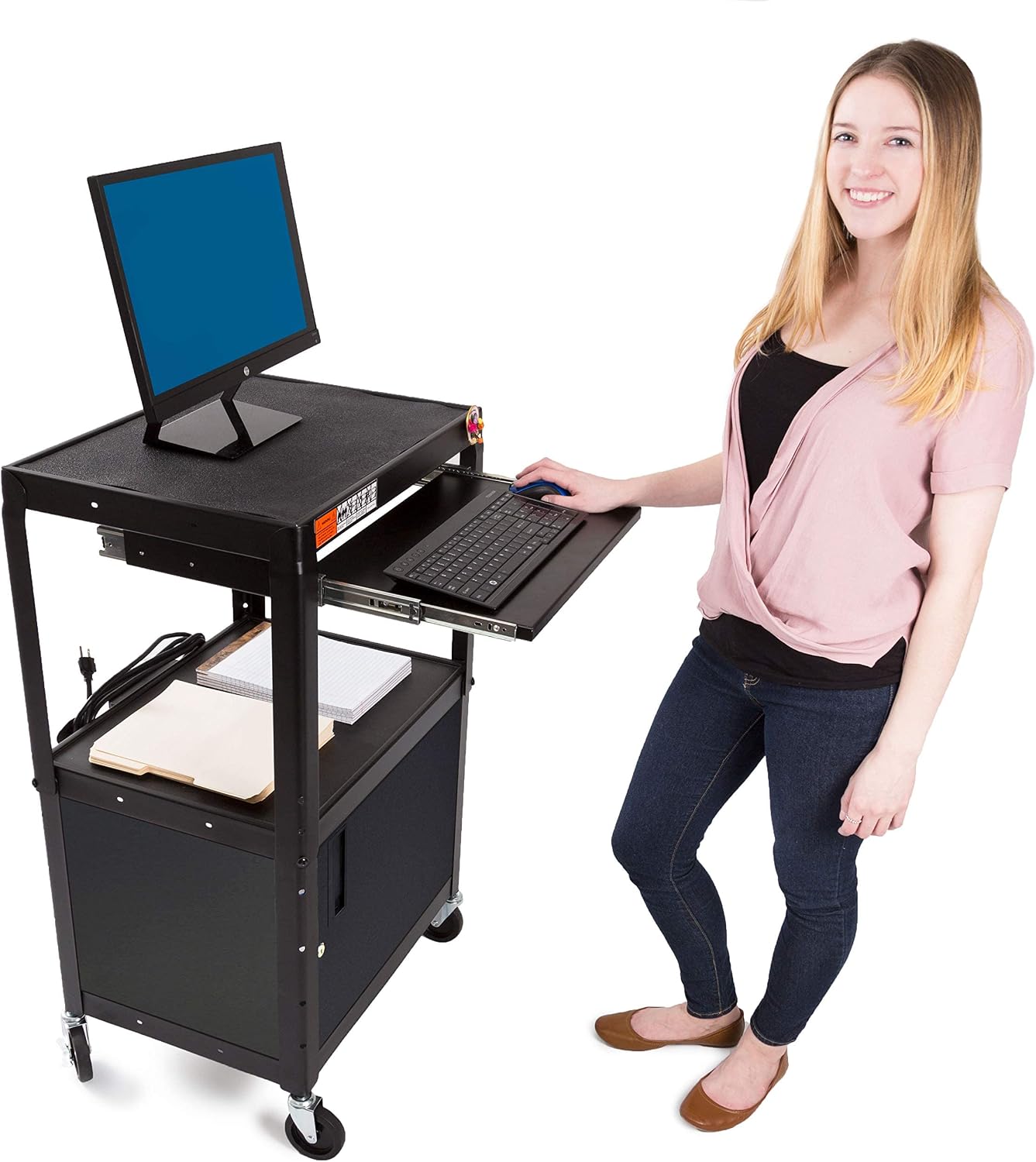 Line Leader AV Cart w/Locking Cabinet, Black Metal Utility Cart with Storage Shelf - Height Adjustable, Mobile and Great for Offices, Classrooms, Libraries (Black, 24in x 18in)