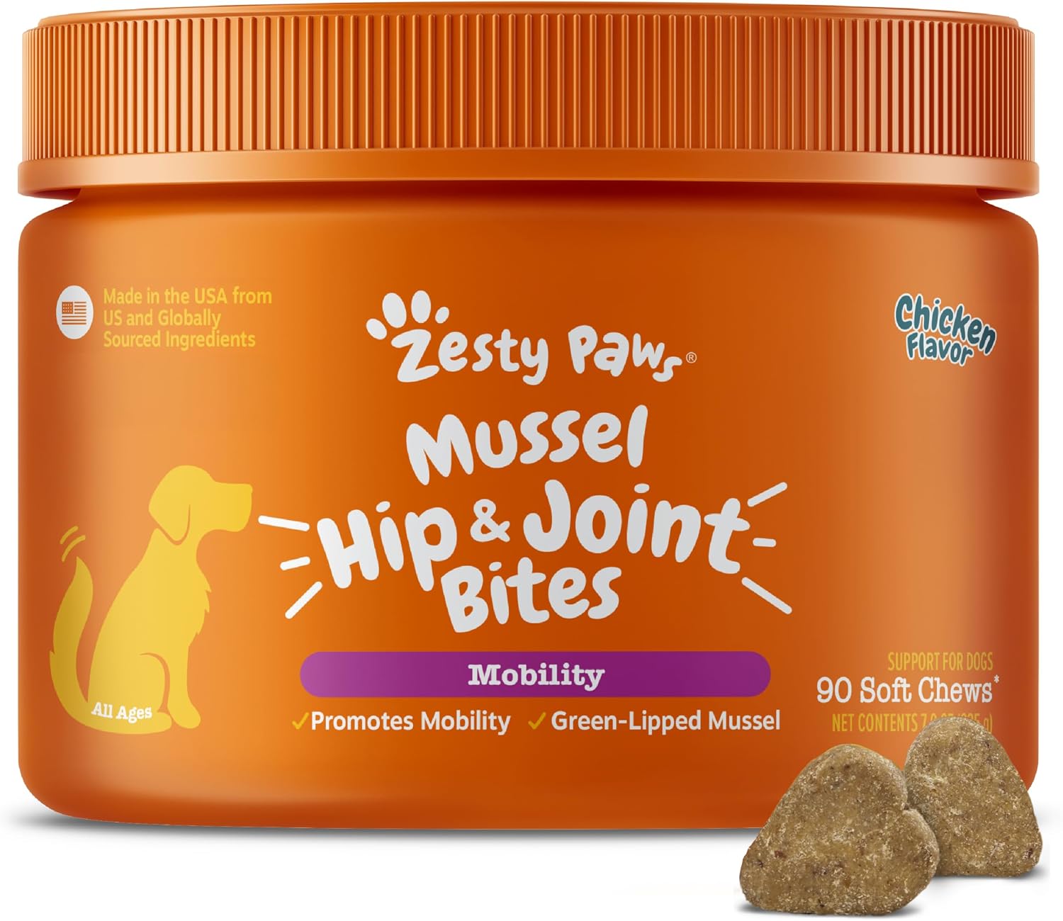 Zesty Paws Hip and Joint Supplement for Dogs - Glucosamine with Chondroitin, MSM, Vitamins C and E Dog Joint Relief - Mobility Bites Duck – 90 Count