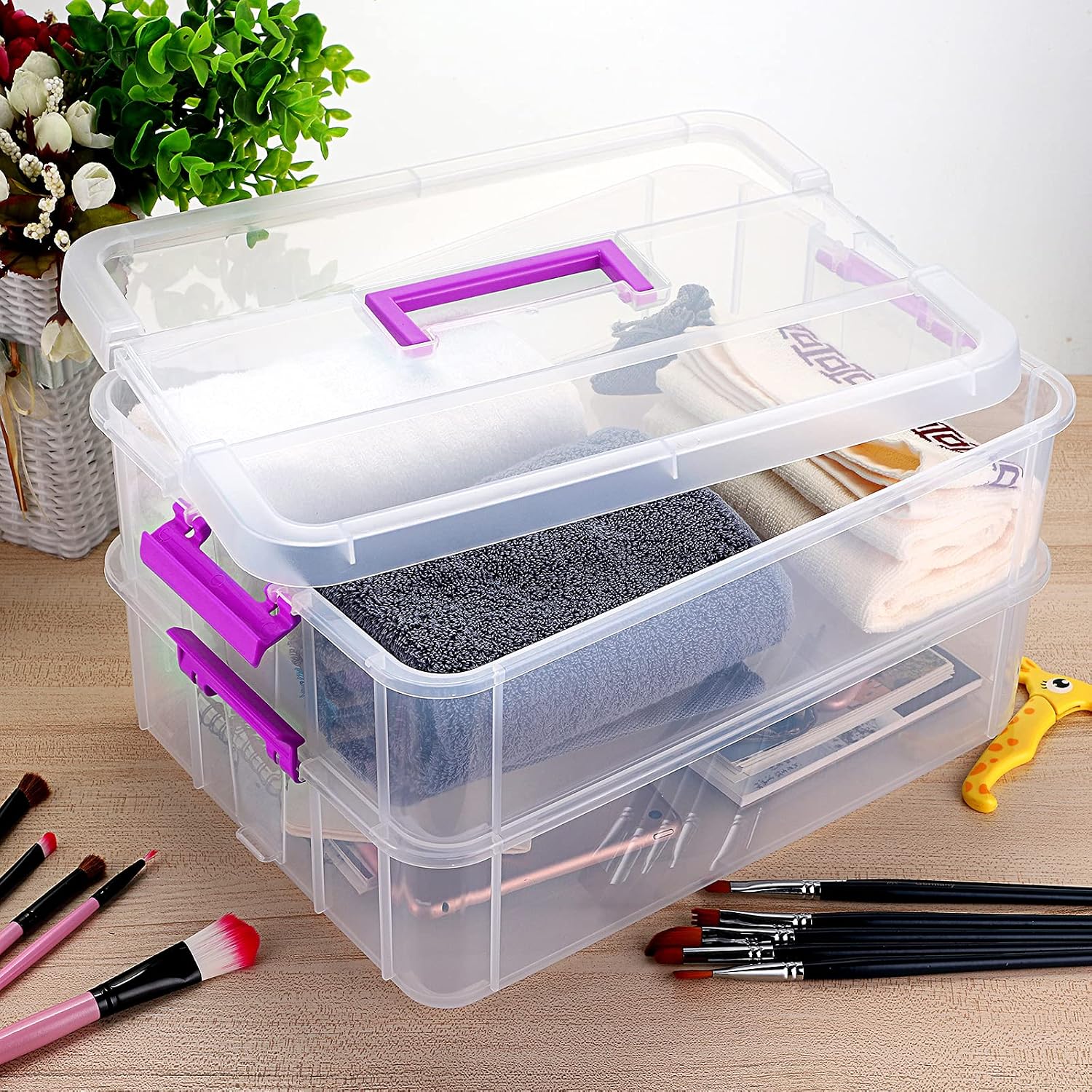 JUXYES 2-Tiers Plastic Stack Carry Storage Containers Box wih Handle Lids