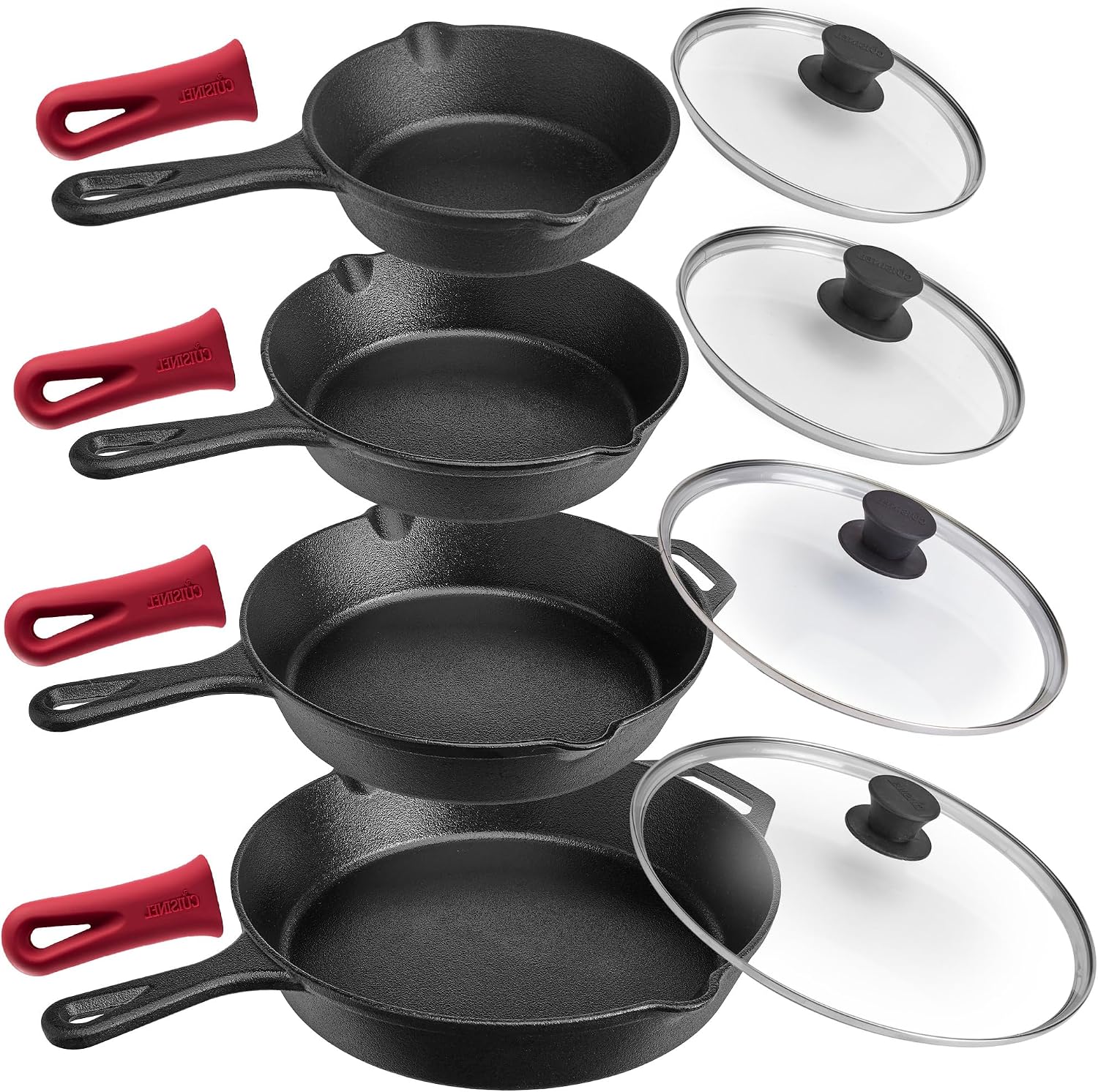 Cuisinel Cast Iron Skillet with Lid - 10"-Inch Pre-Seasoned Frying Pan + Glass Cover + Heat-Resistant Handle Holder - Indoor/Outdoor Use - Grill, Stove, Camp Firepit, Induction - Oven Safe Cookware