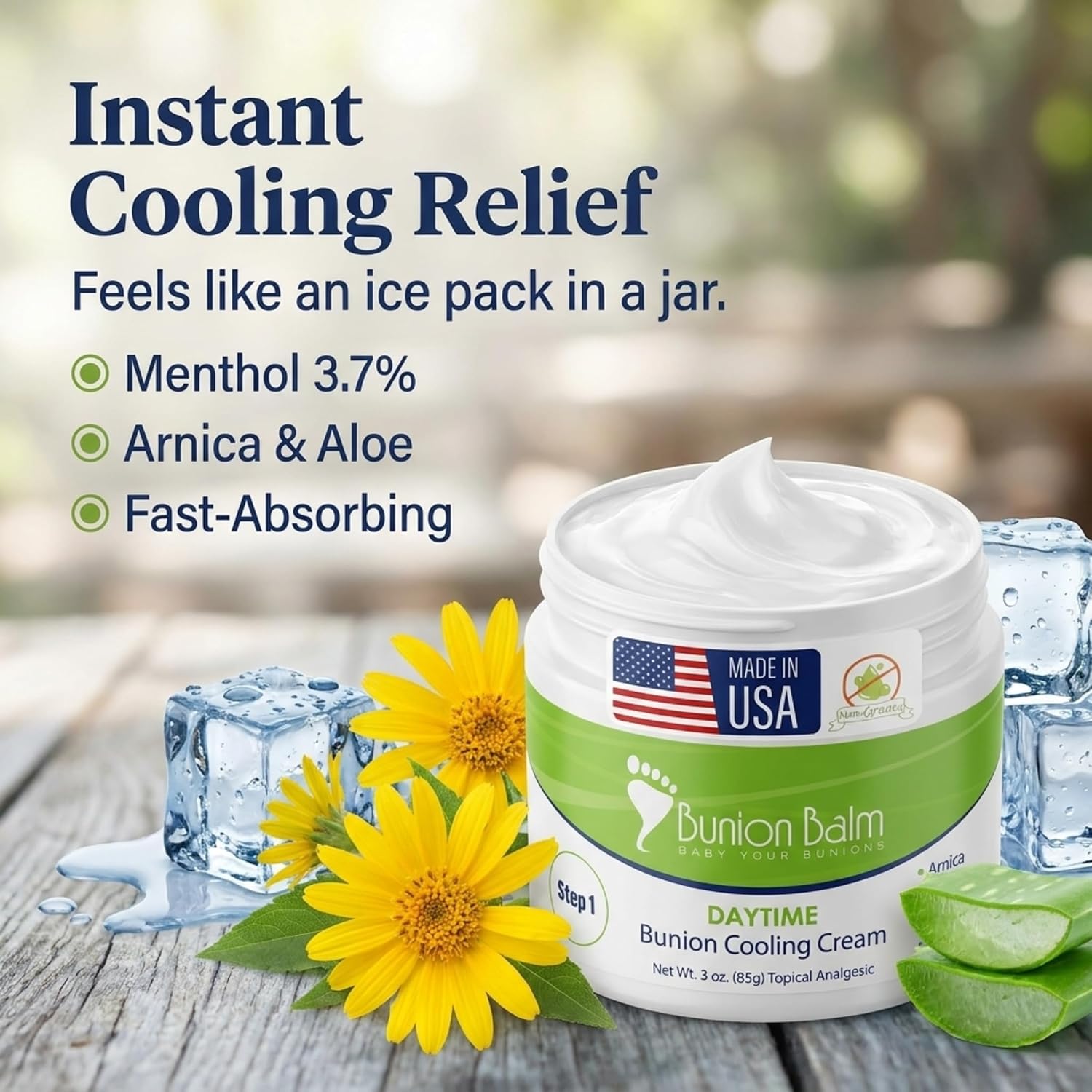 Bunion Balm Day Cream for Sensitive Bunions, Arnica and Menthol, Step 1 | Natural Hallux Valgus Salve for Daily Comfort