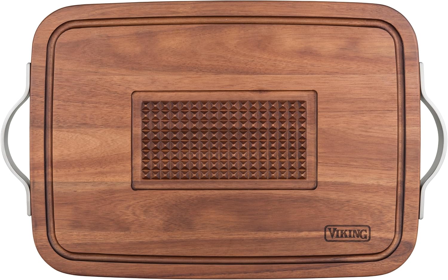 Viking Cutting Board, Acacia Wood Kitchen Butcher Block Carving Board with Juice Groove and Metal Handles, 23 x 14 x 1 Inch