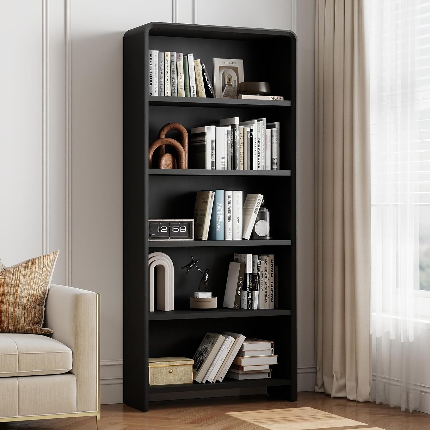 Bevfint 44" Bookcase Tall 3 Shelves Wood Bookshelf with Curved Soft Edges, Heavy Duty Storage Cabinet for Professional Home Office and Living Room, Modern Natural Oak Grain Finish