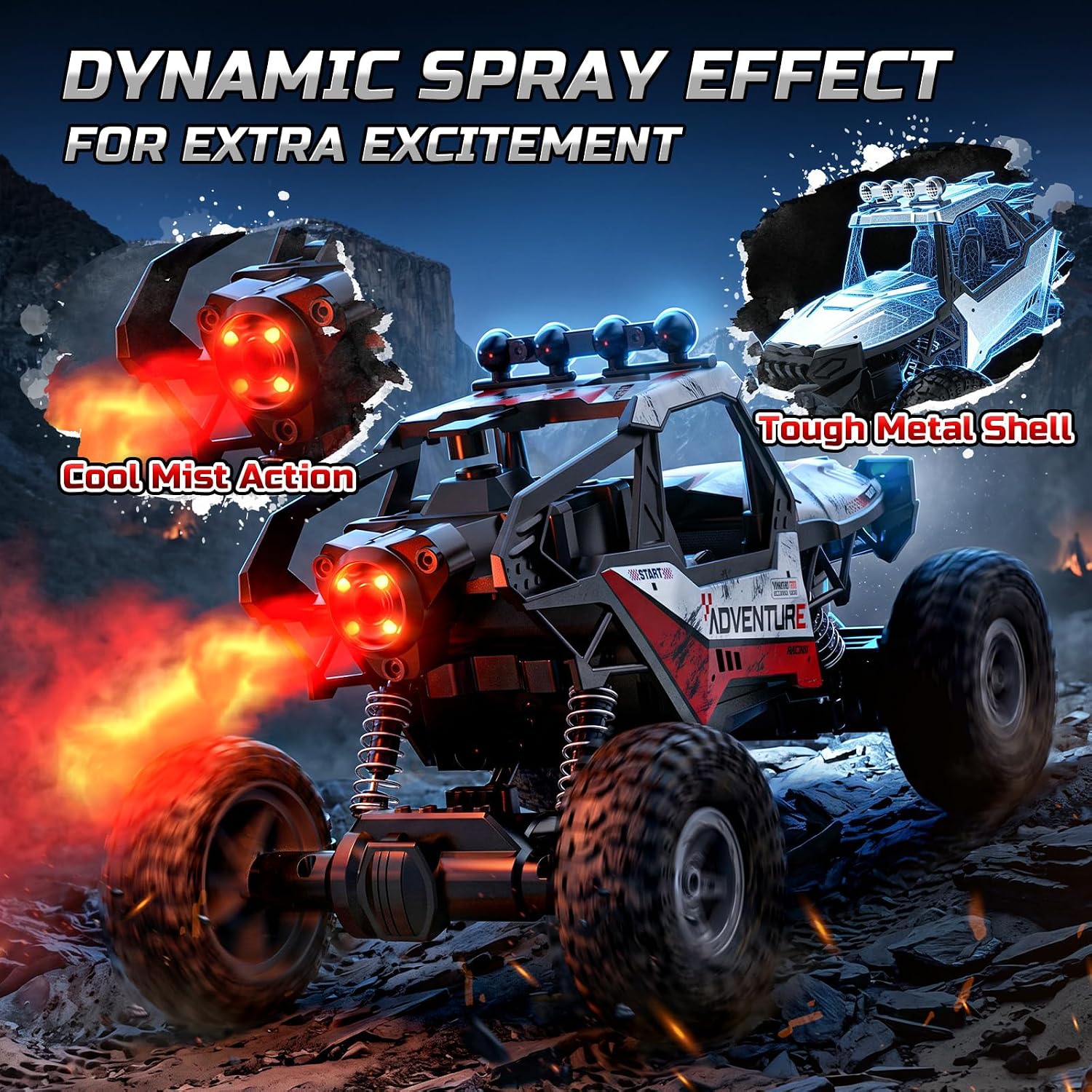 DEERC DE125 1:14 RC Car for Kids,4WD Remote Control Off-Road Monster Truck | RC Rock Crawler with Mist Spray,Metal Shell, LED Lights, 2.4GHz All-Terrain Car, 2 Batteries, Gifts for Beginners and boys