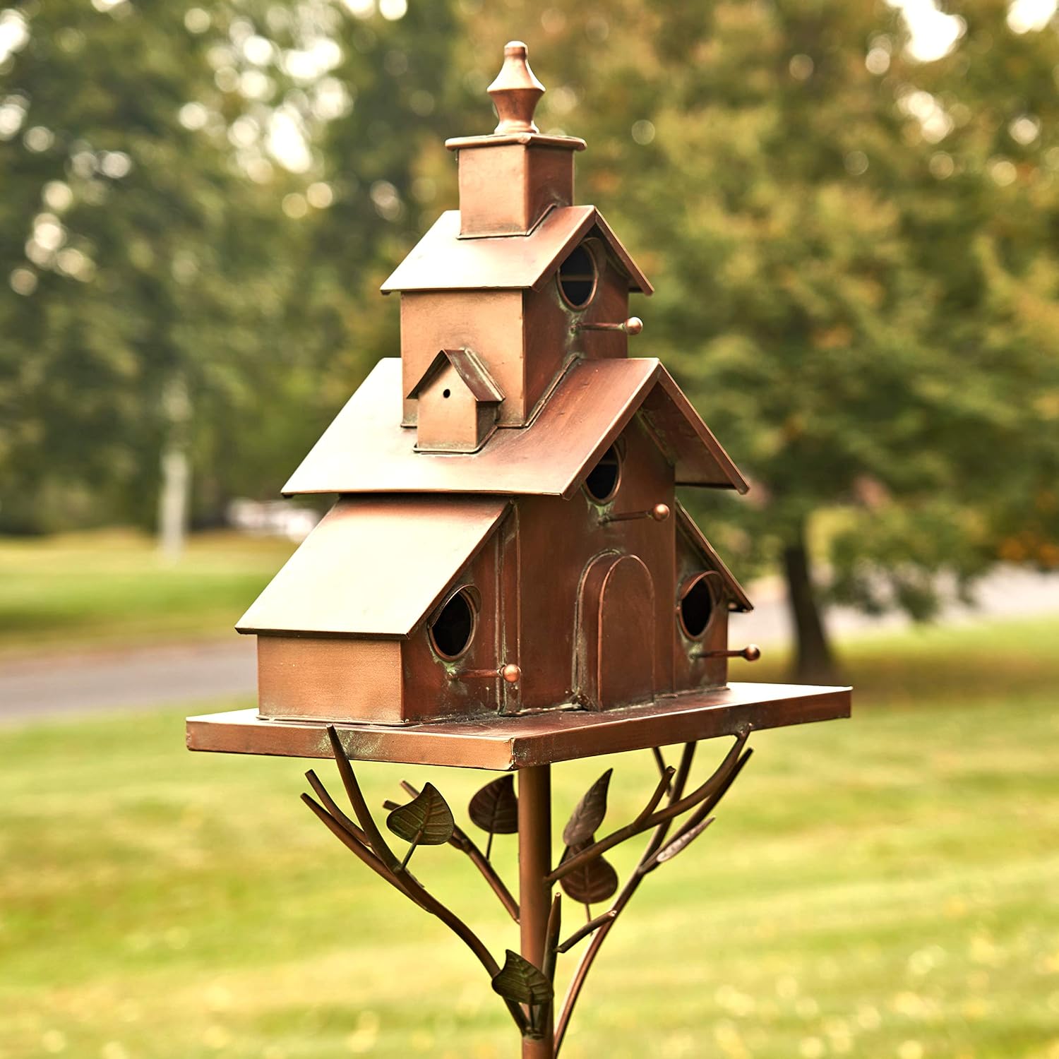 Large Copper Colored Multi-Birdhouse Stakes, Room for 4 Bird Families in Each (Cube Homes with Pyramid Roofs)