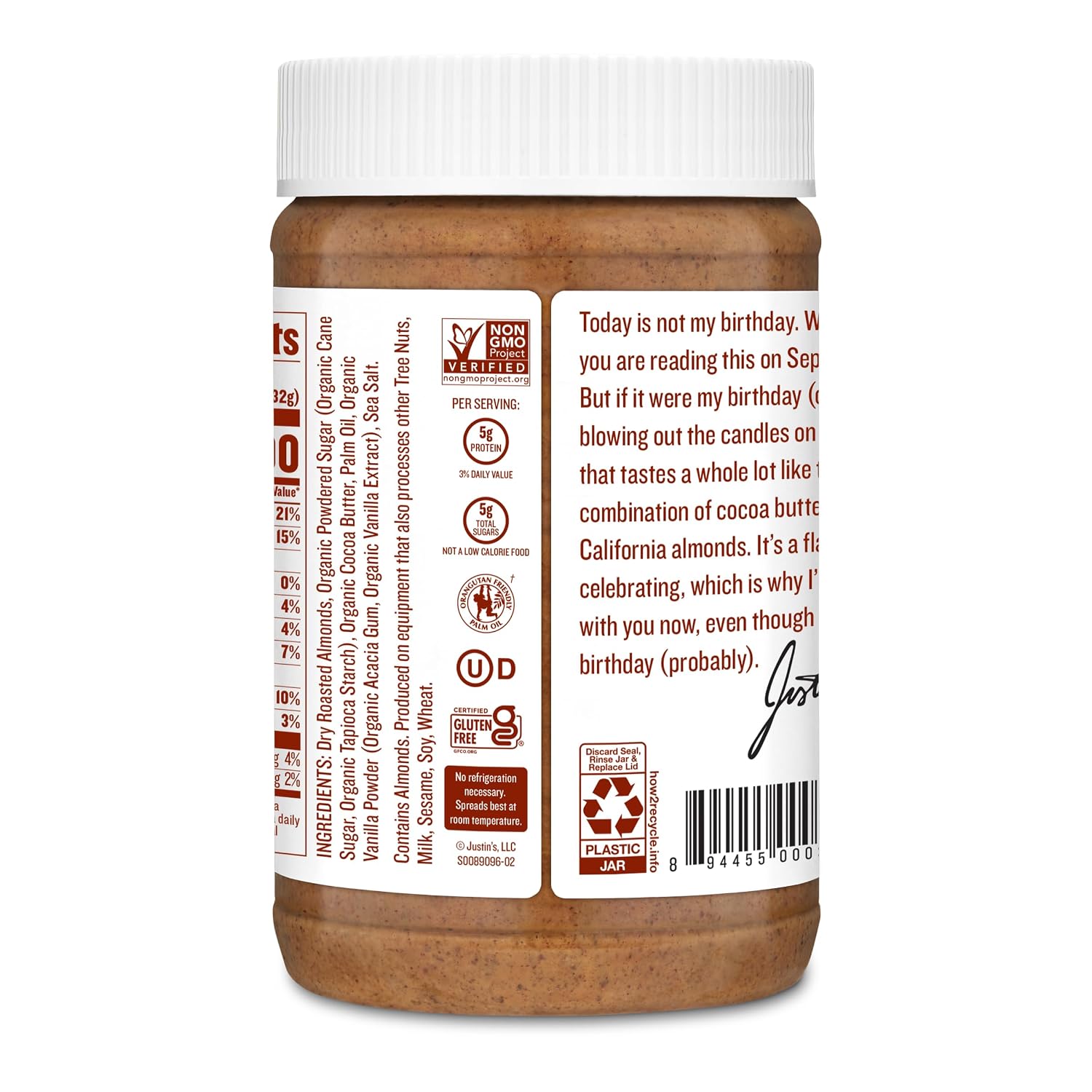 Justin's Vanilla Almond Butter, Gluten-free, Non-GMO, Vegan, Sustainably Sourced, 16 Ounce Jar