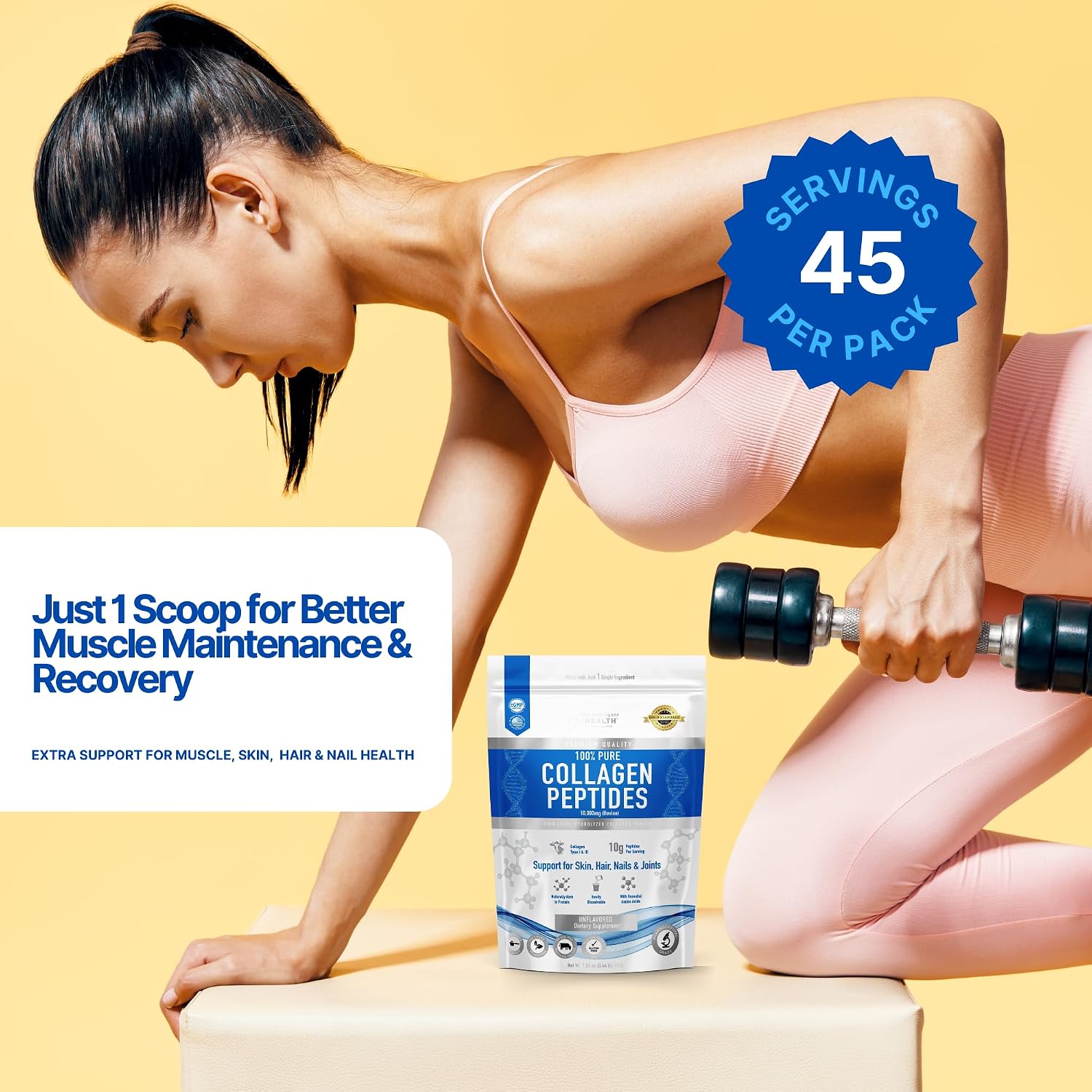 Collagen Peptides Powder, Hydrolyzed Collagen, Type I & III, 45 Servings | Grass Fed, Unflavored, Gluten Free, Keto/Paleo, Skin Support, Hair, Nail, Joints, 10g Servings, 15.9 Oz