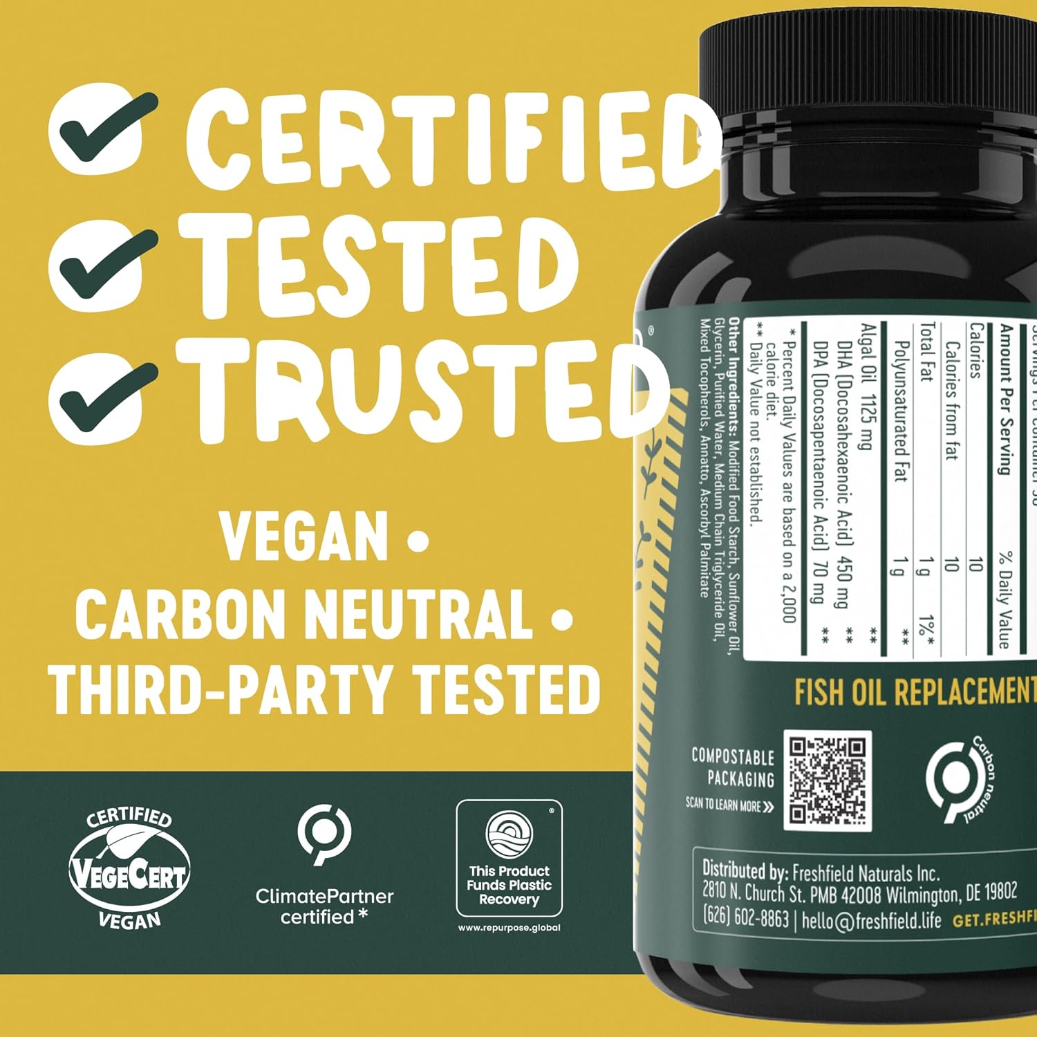 Freshfield Vegan Omega 3, Algae (Algal) Oil, Fish Oil Free Company, Third Party Tested, Carrageenan Free, DHA Supplement w/DPA, Plant Based Omega. Supports Heart, Brain, Joint Health. Lemon Scent