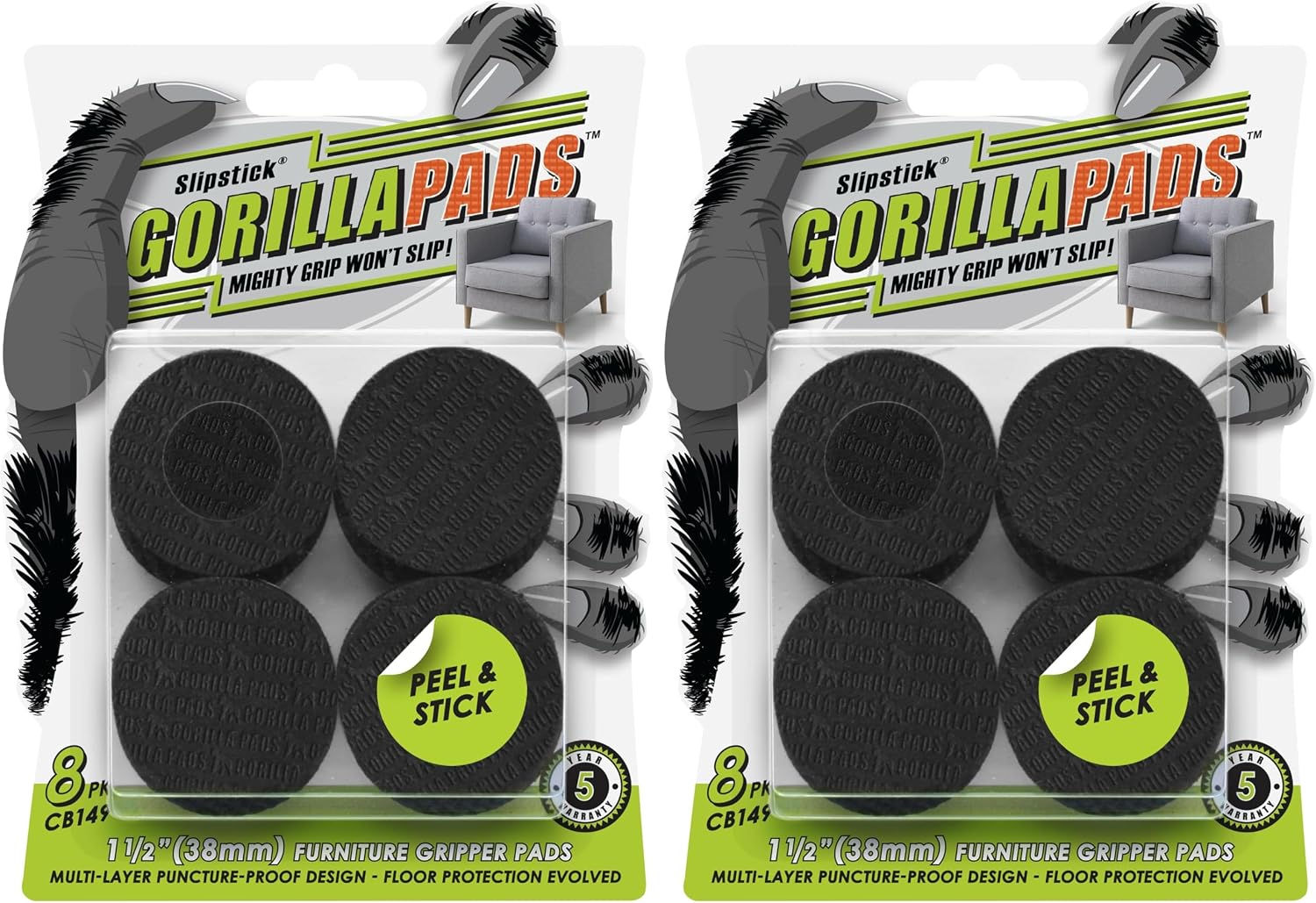 Slipstick GorillaPads CB149 Non-Slip Furniture Pads/Rubber Grippers (Set of 8) Self-Adhesive Furniture Feet Floor Protectors, 1-1/2 inch Round, Black