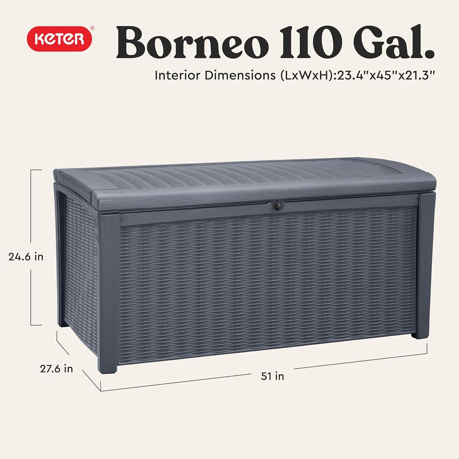 Keter Borneo 110 Gallon Resin Deck Box - Organization and Storage for Patio Furniture, Outdoor Cushions, Throw Pillows, Garden Tools and Pool Toys, Brown | for Patio, Backyard & Garden - Lockable, Organizing, and Waterproof Plastic Container Bench