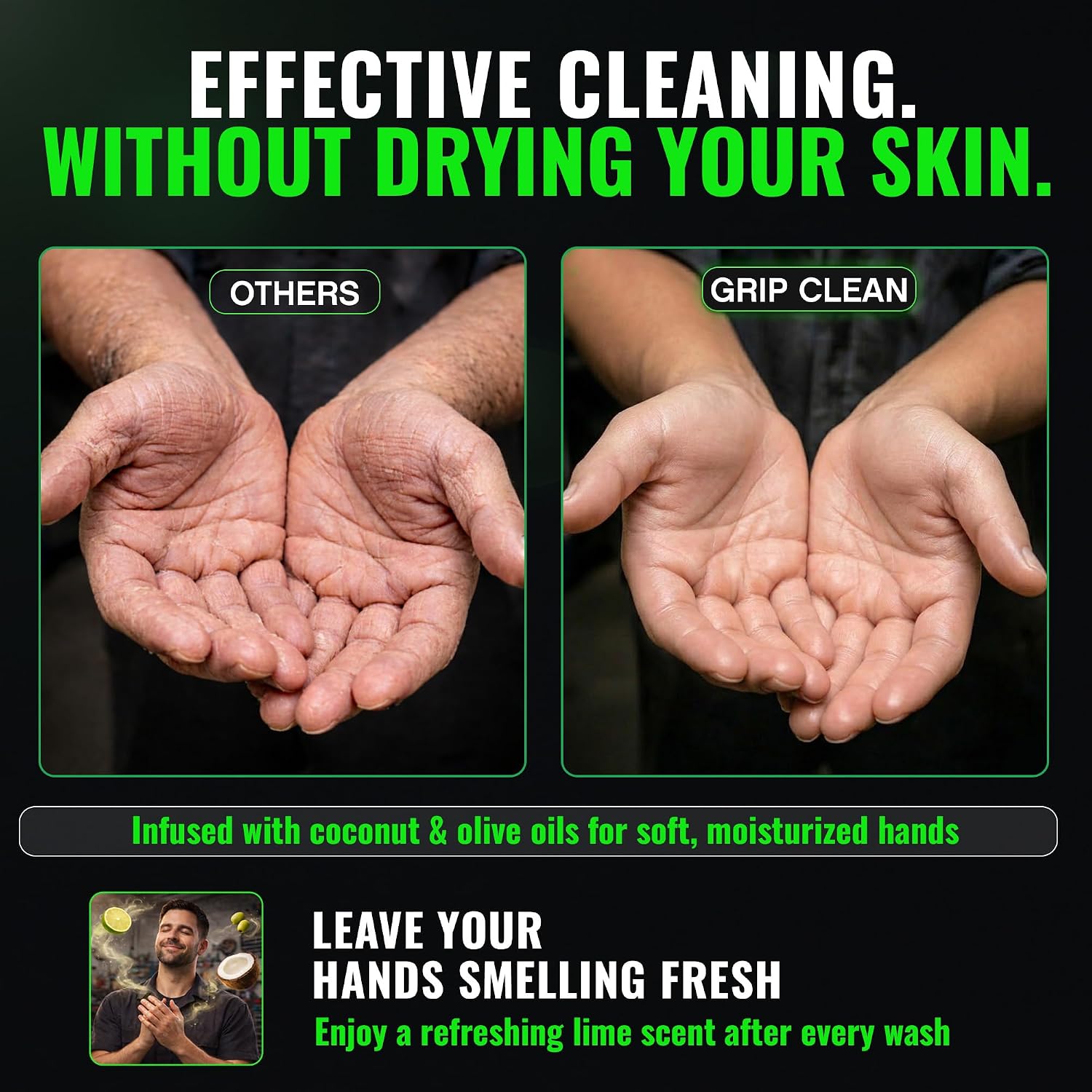 Grip Clean Heavy Duty Hand Cleaner For Mechanics, Natural Pumice, 64 Oz | Clay Infused, Grease, Oil, Grime Remover, Moisturizing Coconut Olive Oils, Lime Scent, For Shop, Garage, Industrial Use