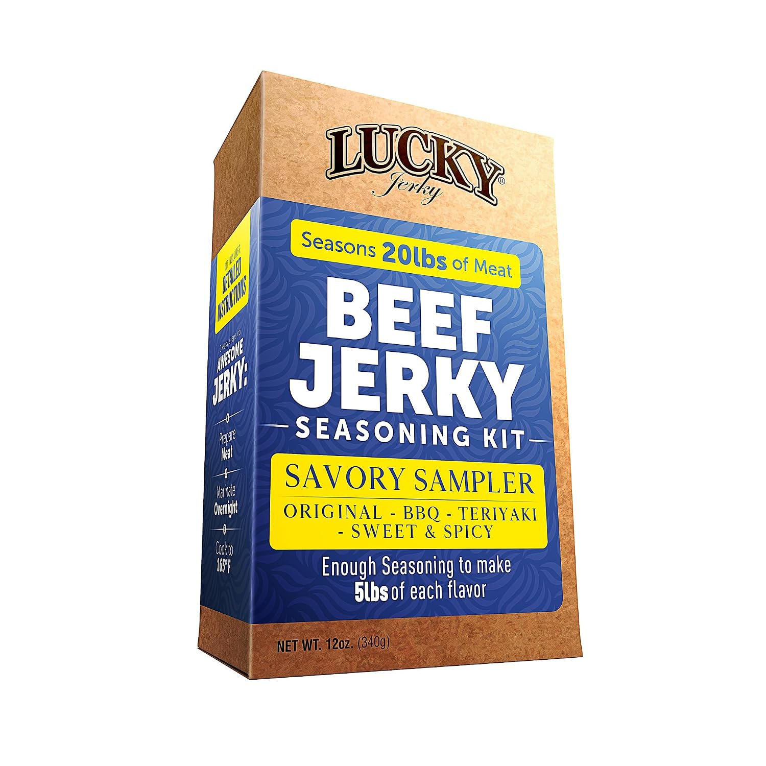 Lucky Jerky Ultimate Savory DIY Beef Jerky Seasoning and Cure Kit, 12 Oz | Make Your Own with Original, BBQ, Teriyaki, and Sweet & Spicy, Seasons 5 lbs per Flavor, 20 lbs Total