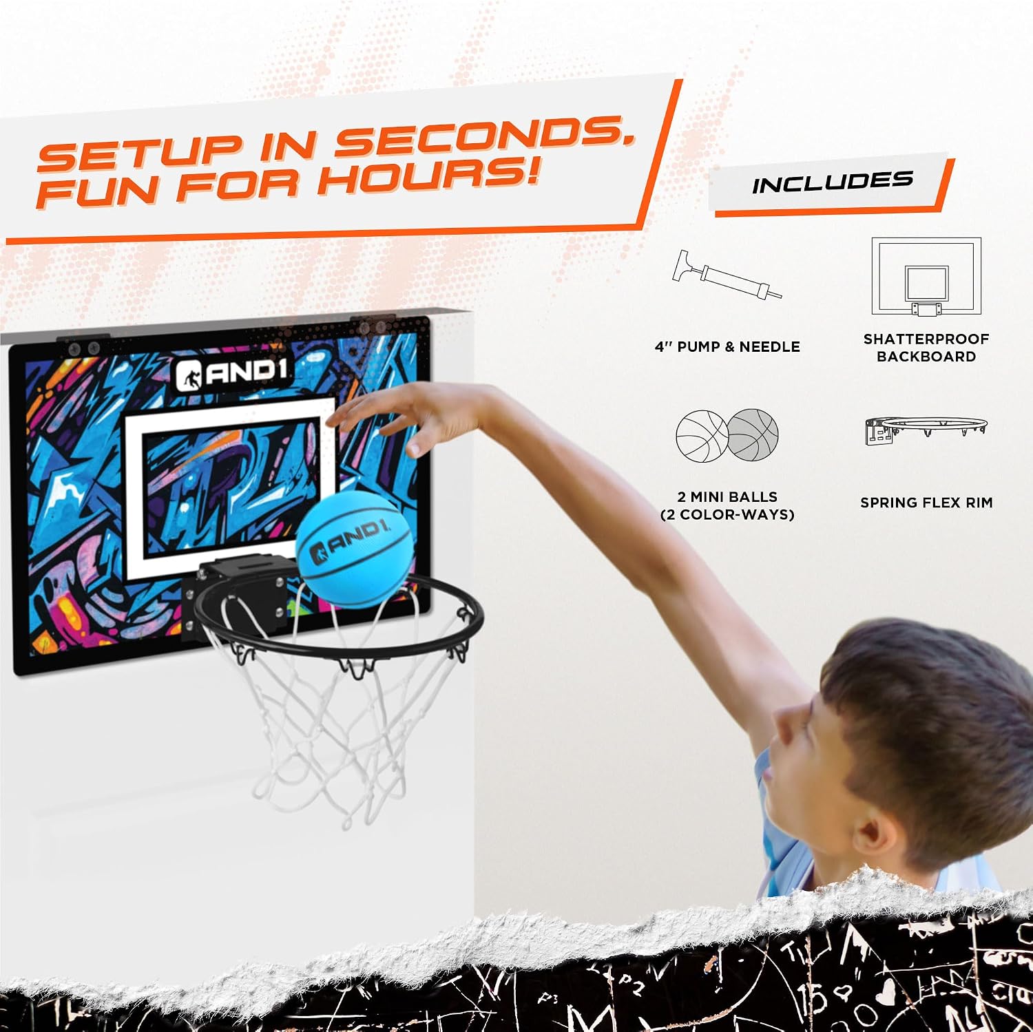 AND1 Over the Door Mini Basketball Hoop: 18x12 Shatterproof Backboard, 2 Mini Basketballs
