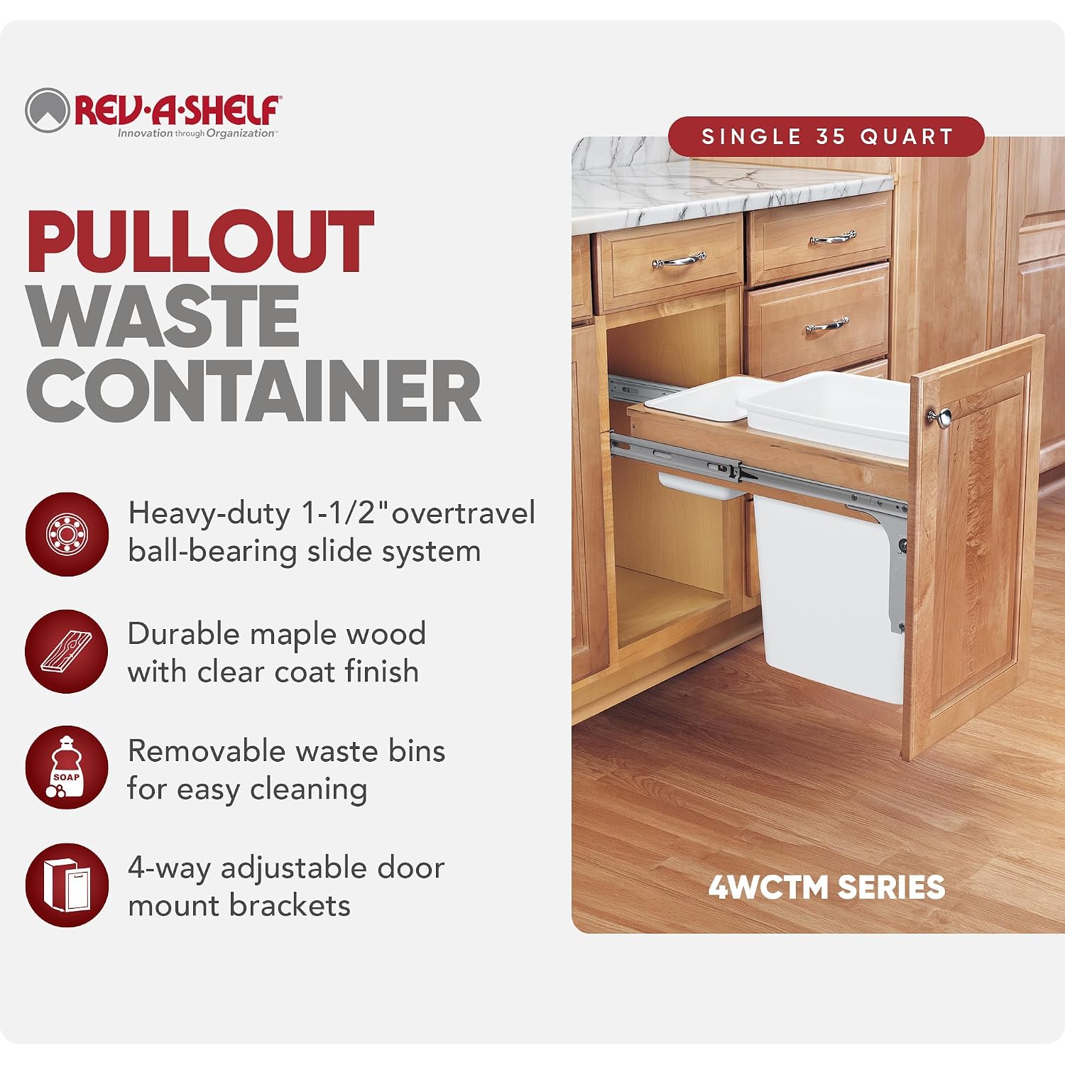 Rev-A-Shelf 35 Qt Top Mount Double Pullout Under Cabinet Kitchen Trash Cans for Base Cabinets, 150 Pound Rated Full-Extension Slides, Min Opening Width of 14.75", White, 4WCTM-18DM2-162