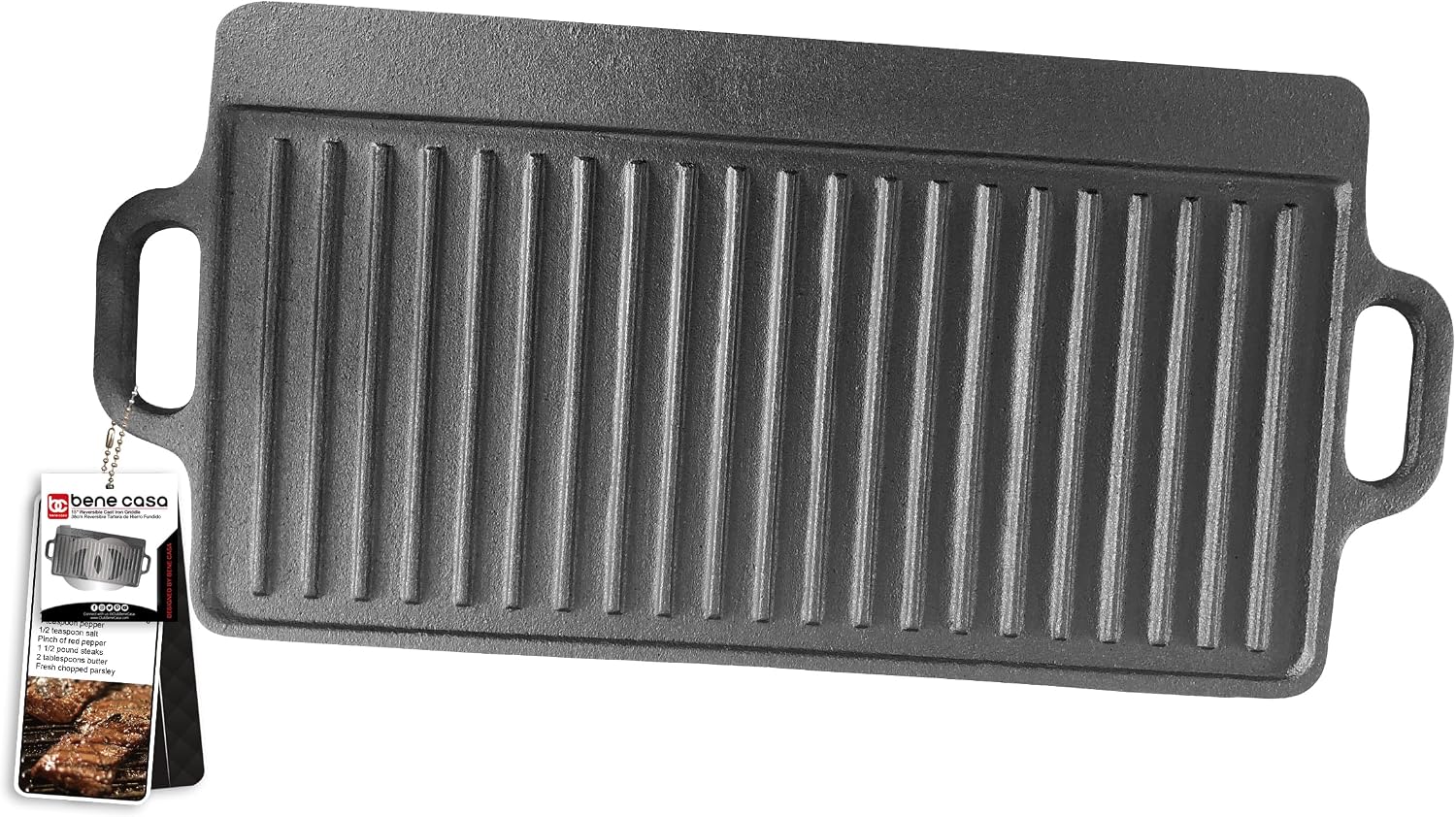 Bene Casa Reversible Cast-Iron Griddle | 20"x9"x1.5" Double Burner Pan | Flat & Ridged Surfaces for Versatile Cooking | Ideal for Stovetop, Oven