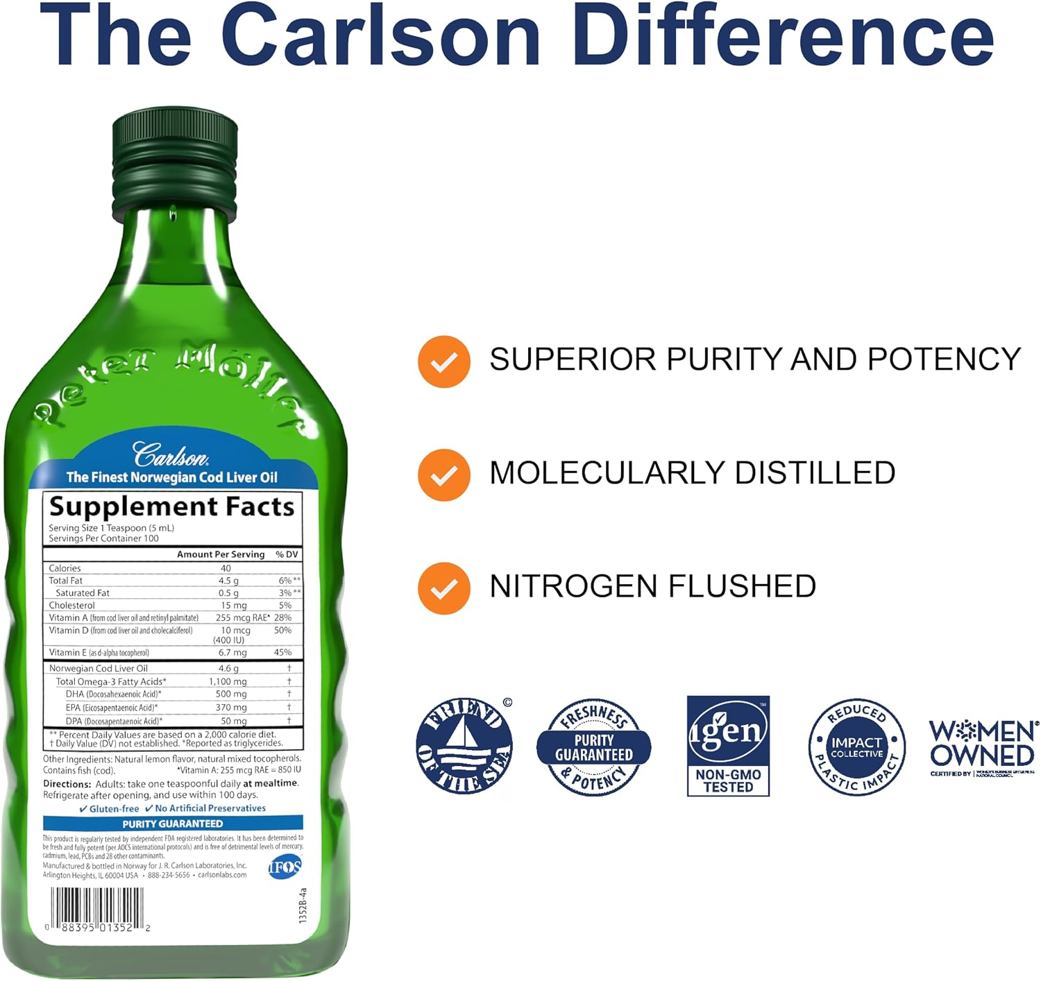 Carlson Cod Liver Oil, 1100 mg, Omega-3s, Lemon, 500 mL (16.9 Fl Oz) | plus Vitamins A and D3; Wild Caught Norwegian Arctic Cod Liver Oil; Sustainably Sourced Nordic Fish Oil Liquid