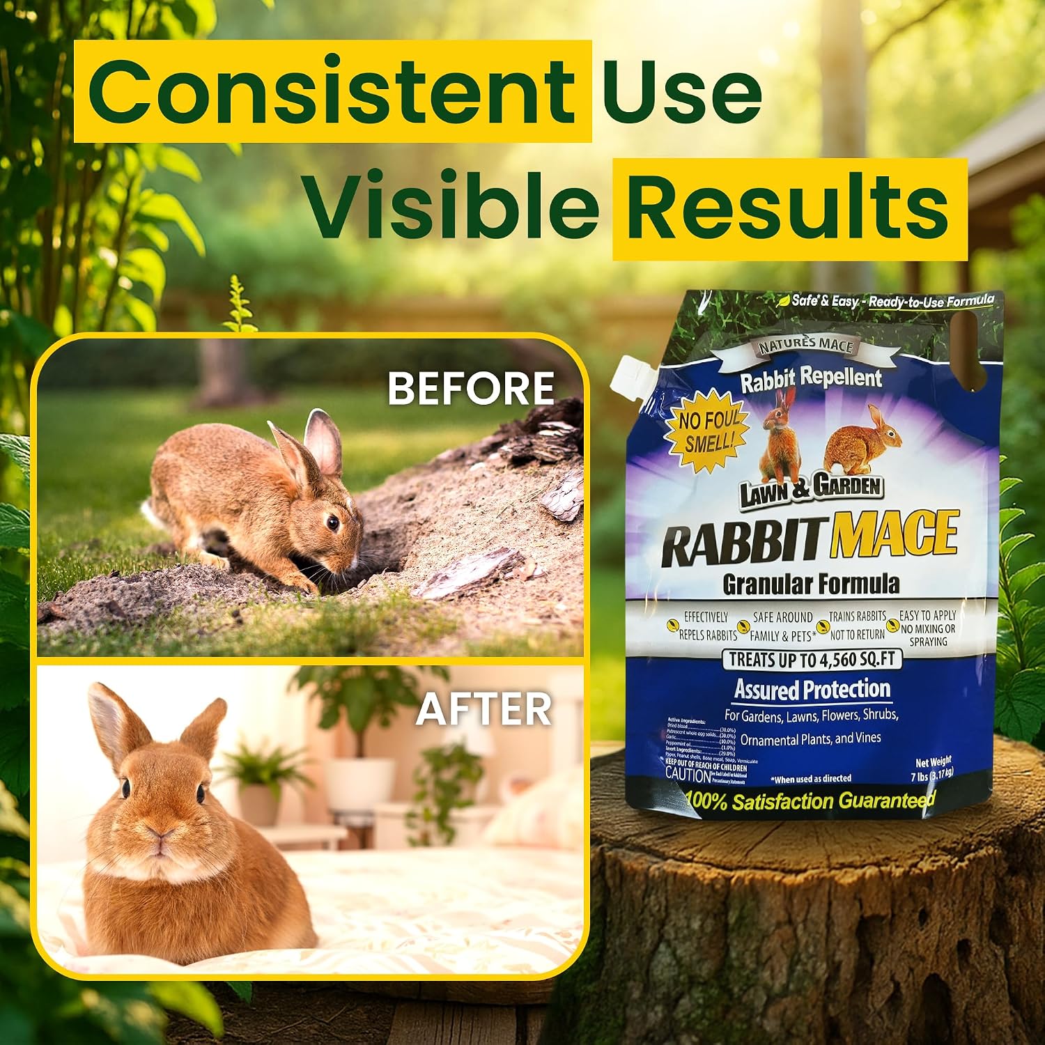 Nature's MACE Rabbit Mace Rabbit Repellent 3 lb Granules | Gardens, Lawns, Farms & Landscapes, Treats 1,350 sq ft, Granular Deterrent, All-Season Use, Safe for Pets, Children, Plants.