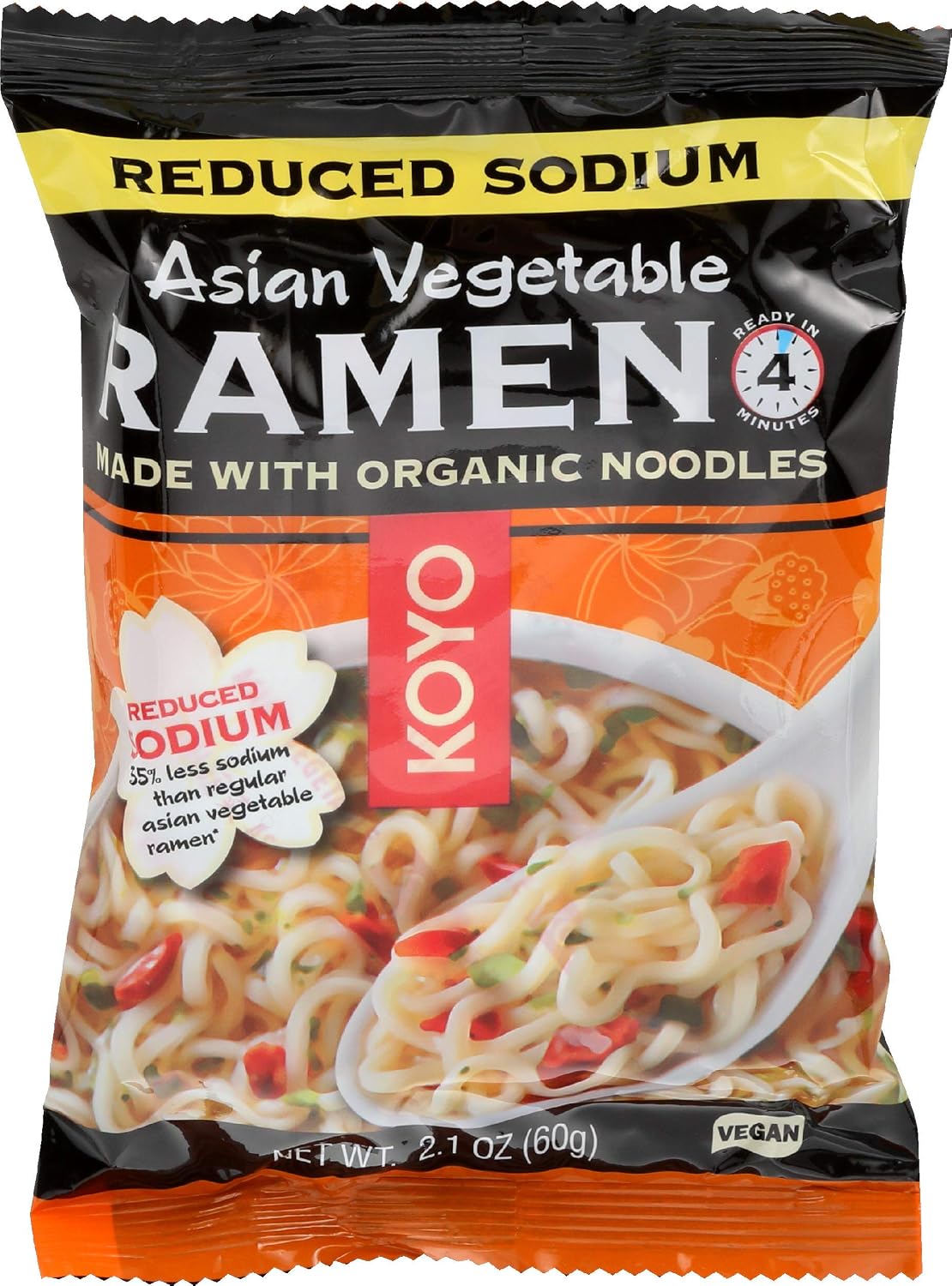 Koyo Ramen Soup, Asian Vegetable Reduced Sodium, Made With Organic Noodles, No MSG, No Preservatives, Vegan, 2.1 Ounce Per Package (12 Pack)