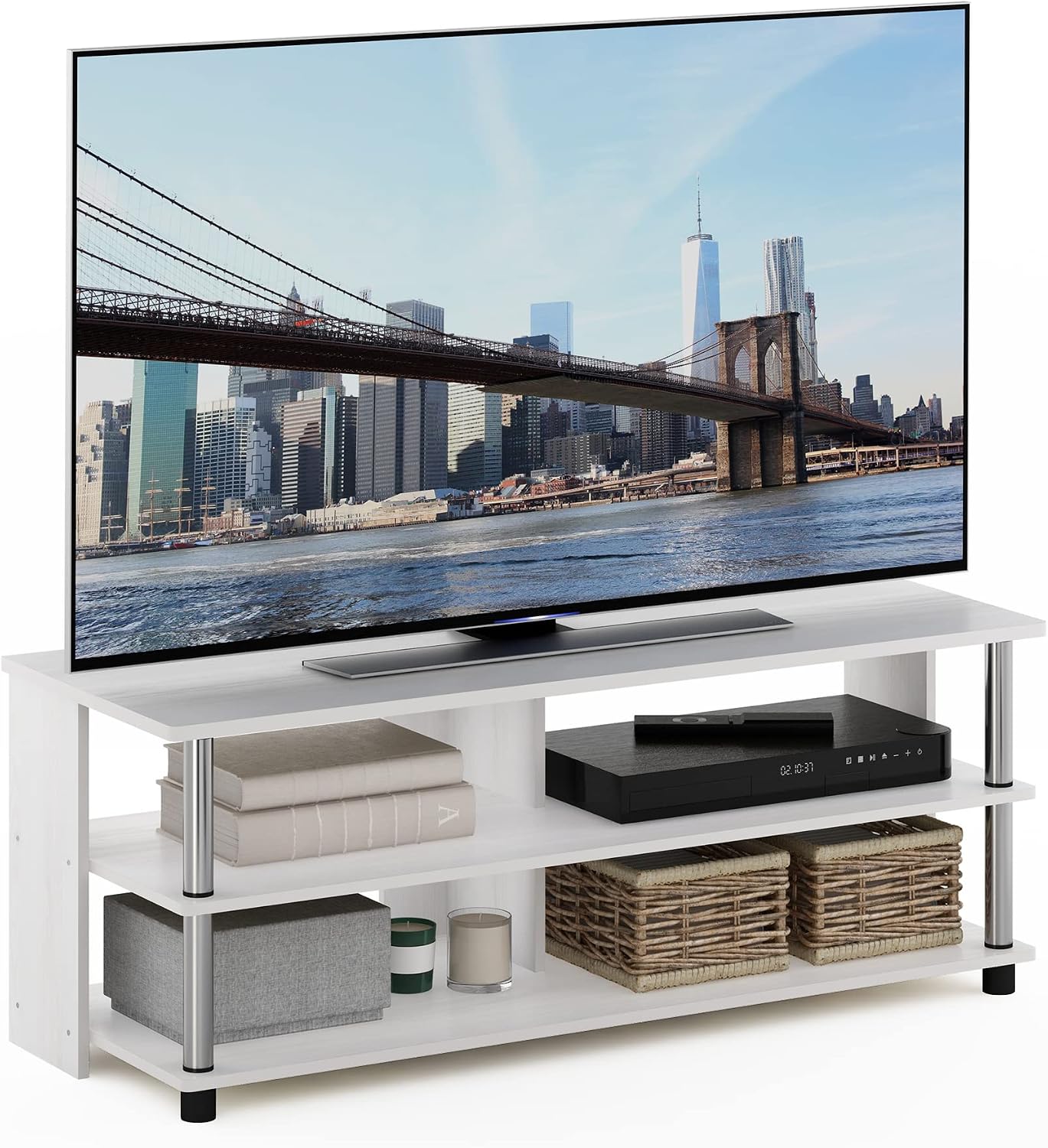 Furinno Beginning TV Stand, 2-Tier Rectangular Entertainment Center with Shelf, TV Console for TV up to 36 Inch, Open Back, for Living Room, Bedroom, French Oak