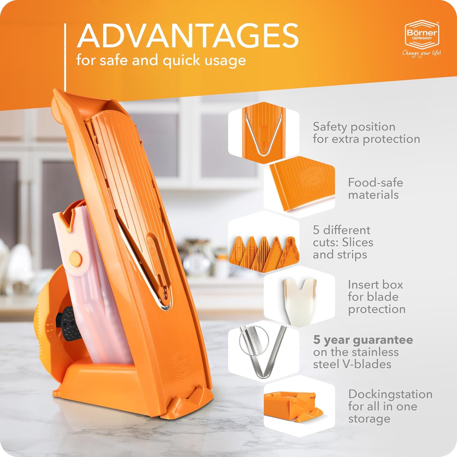 BORNER V Mandoline Slicer Kitchen V1 ClassicLine Starter Set | Vegetable Grater Börner - Quality Made in Germany, Color:Orange