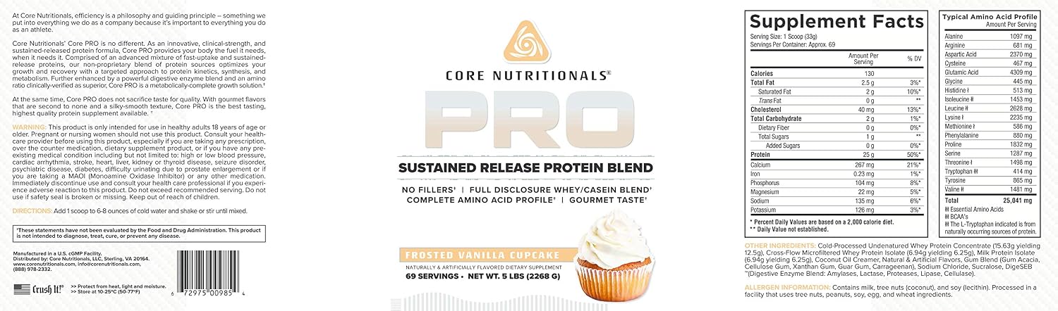 Core Nutritionals Pro Sustained Release Protein Blend, Digestive Enzyme Blend, 25G Protein, 2G Carb, 69 Servings (Frosted Vanilla Cupcake)