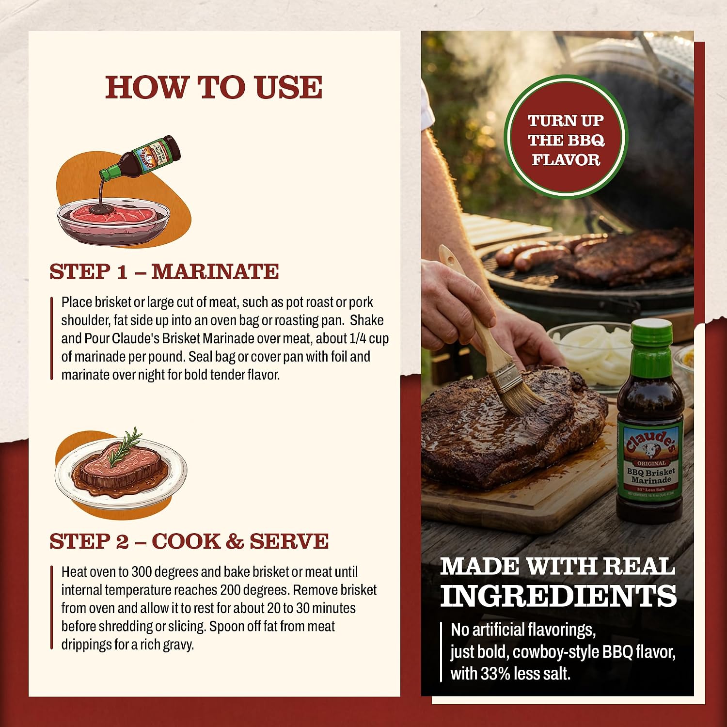Claude's BBQ Brisket Marinade Sauce, Gluten Free Texas Style, 128 oz | Restaurant-size gallon of smoky Texas tenderizing brisket marinade - all natural & gluten free.