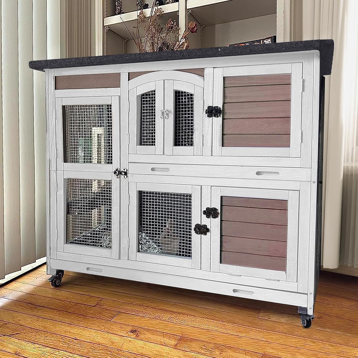 GUTINNEEN Rabbit Hutch Indoor Outdoor Bunny House Guinea Pig Cage on Wheel with Plastic Tray