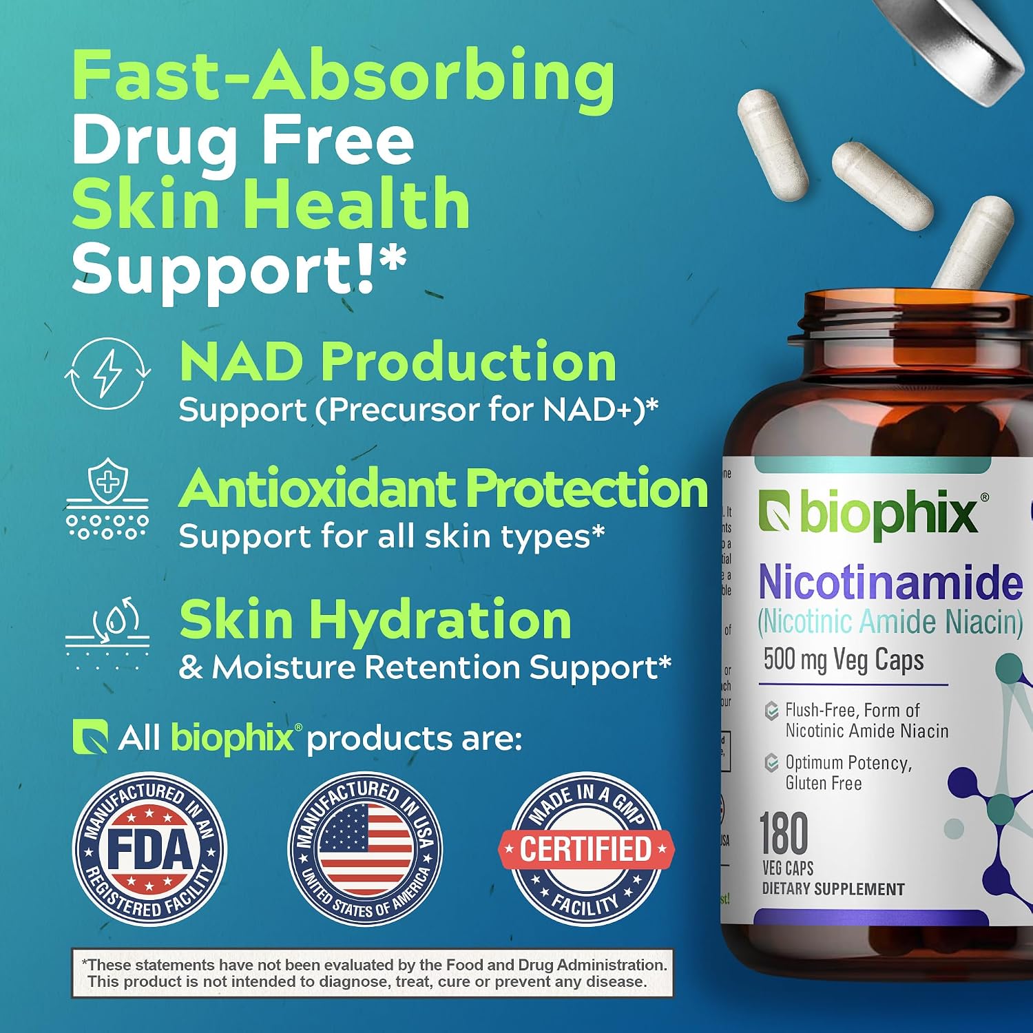 biophix B-3 Nicotinamide 500 mg 180 Vcaps - Nicotinic Amide Niacin Natural Flush-Free Vitamin Formula - Supports Skin Cell Health