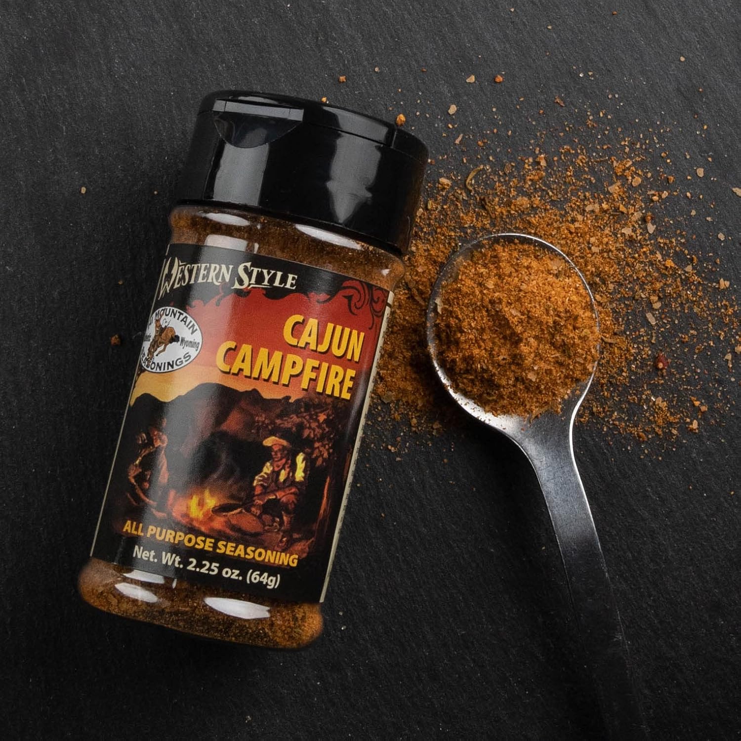Hi Mountain | CAJUN CAMPFIRE SEASONING | Cajun Blend | 2.25 Oz | Bold Cajun seasoning for steak, shrimp, seafood, chicken and vegetables with smoky campfire-inspired flavor
