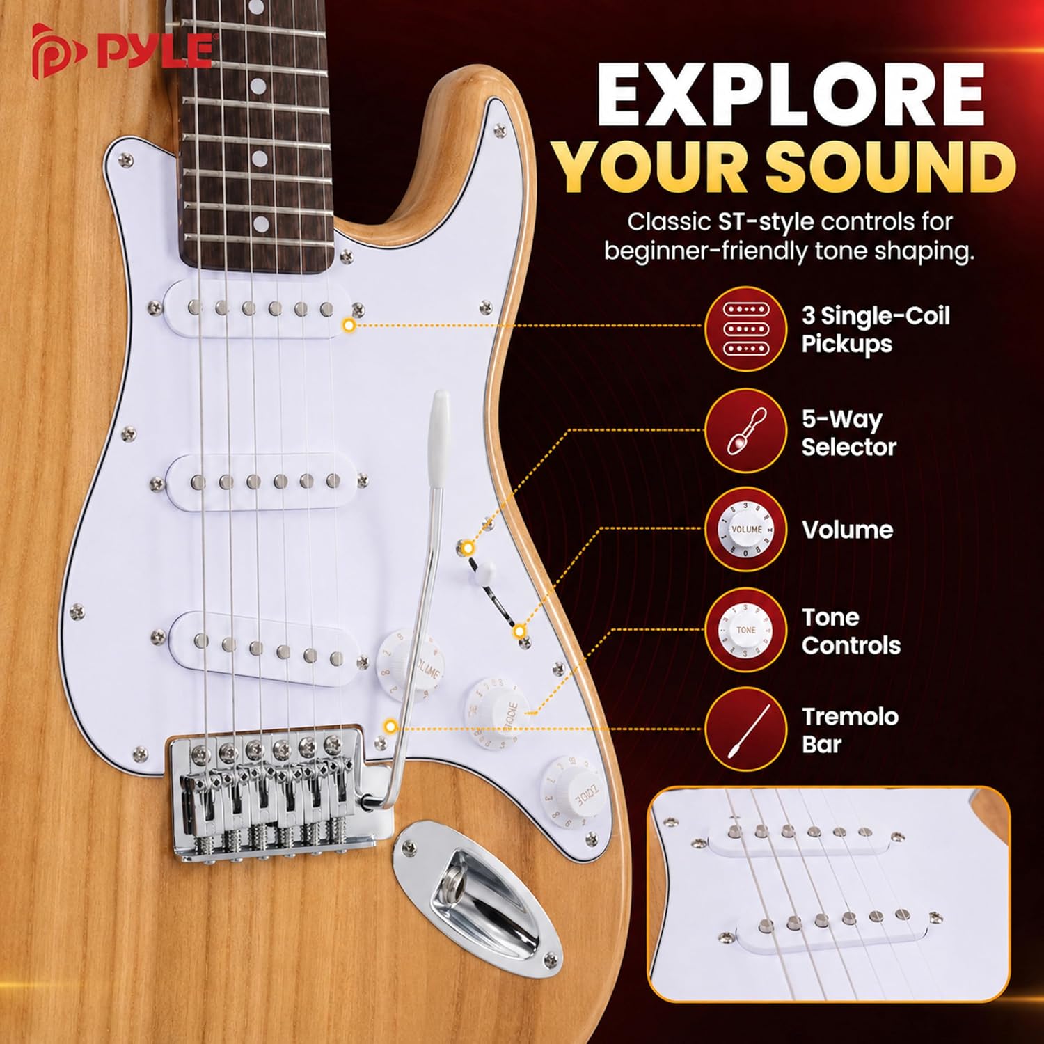 Pyle Electric Guitar and Amp Kit - Full Size 39" Complete Starter Kit with Wearable Bluetooth Amplifier, 1/4” Cable, Carry Case, Strap, Strings, Picks, Cleaning Cloth, ST-Style Pickups (Black)