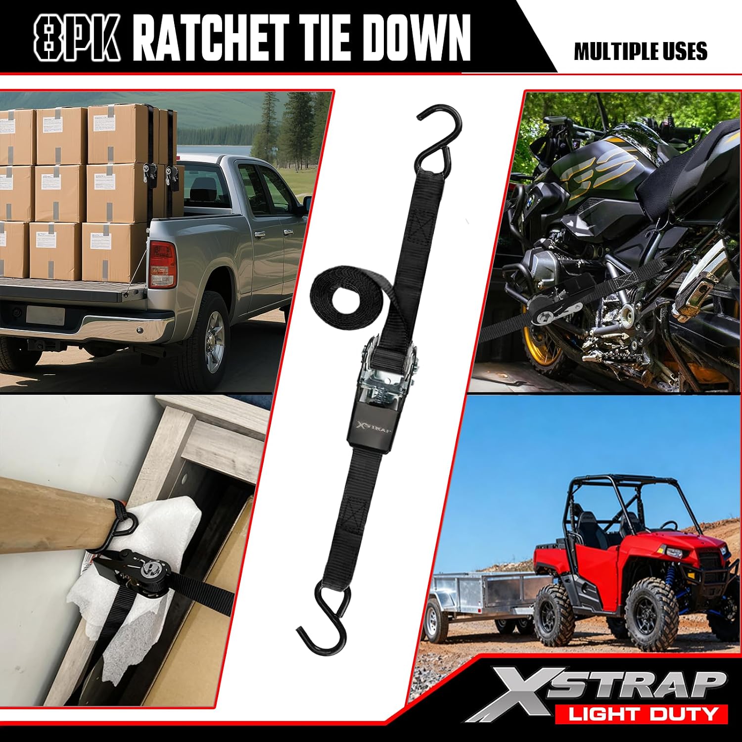 XSTRAP STANDARD 8-PK Ratchet Tie Down Straps, 1" x 10ft Cargo Strap, Yellow