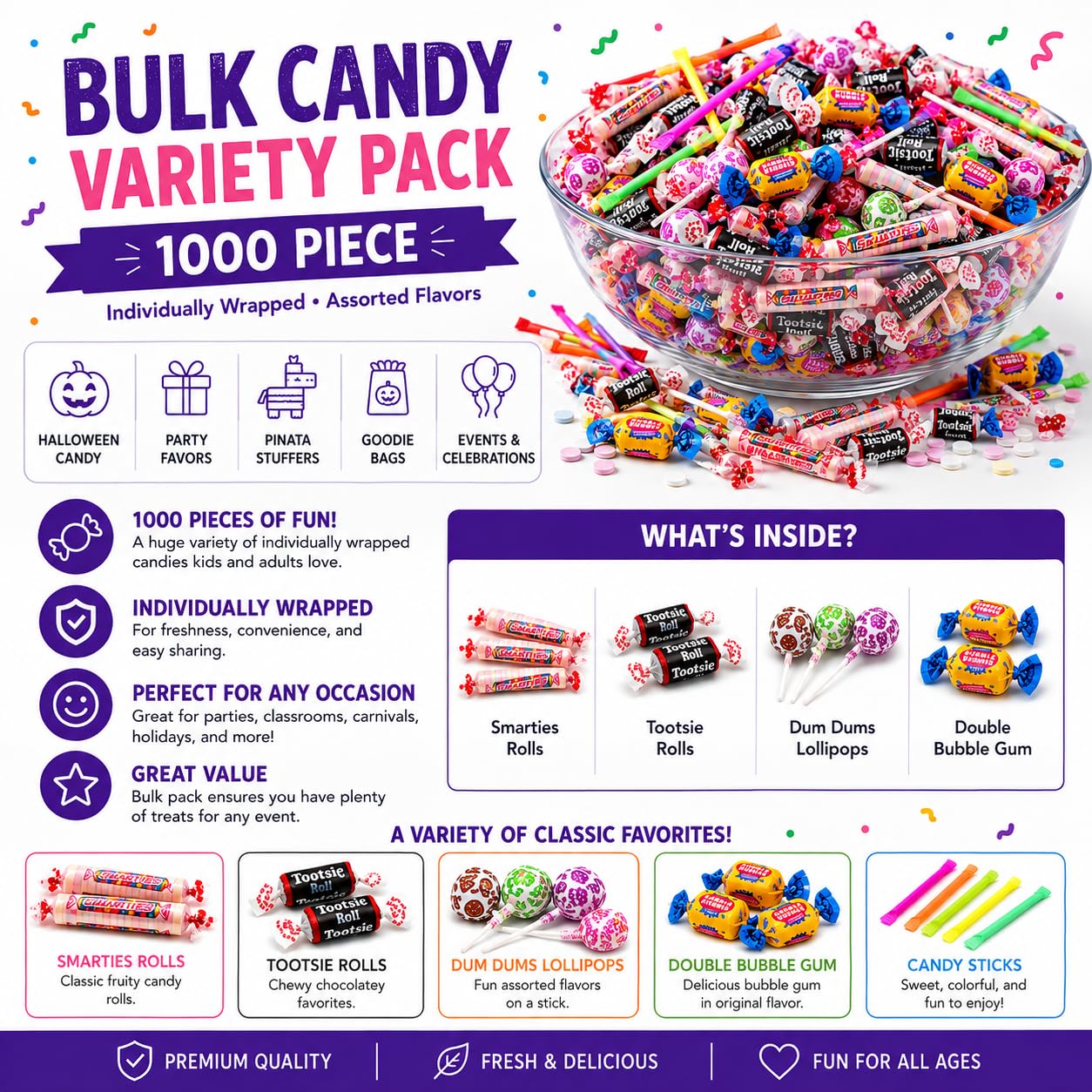 Fun Express Bulk Candy Variety Pack, 9 lb, 1000 Pcs | Individually Wrapped, Assorted Candy Mix, For 4th of July, Halloween, Piñata Filler