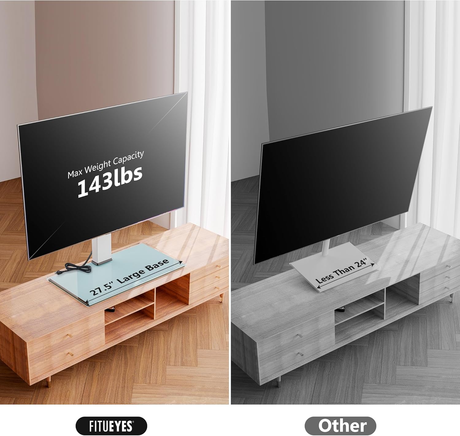 FITUEYES Universal TV Stand with Swivel Mount for 50-85 inch Flat Screens - Height Adjustable Tempered Glass Base Holds up to 143 lbs