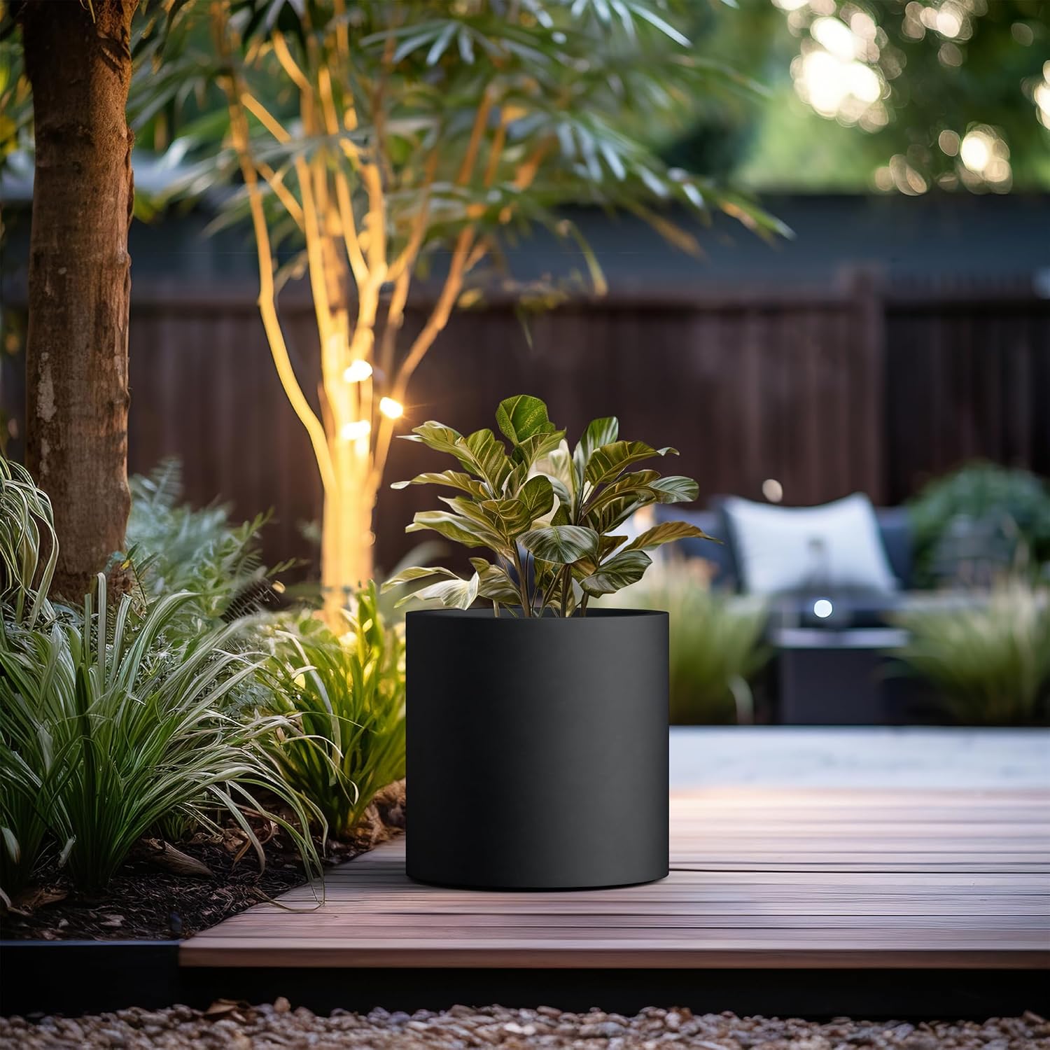 Kante Large Round Cylinder Charcoal Concrete Planter 15.8" Tall, Outdoor