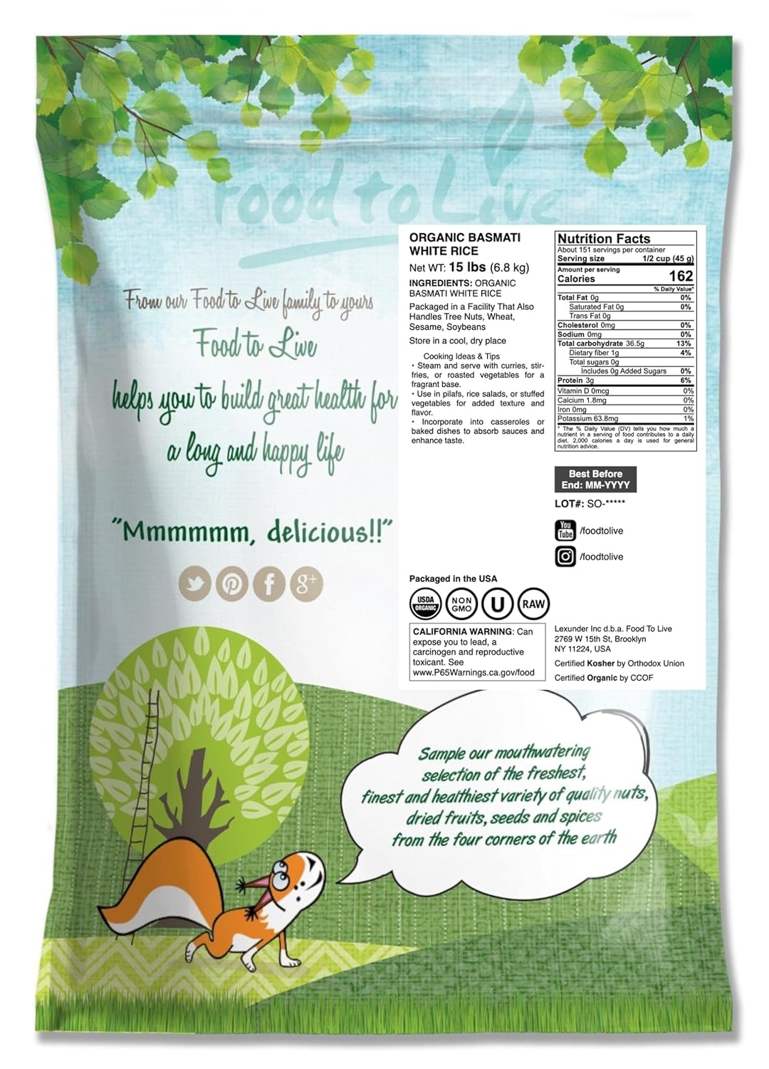 Food to Live Organic White Basmati Rice, 25 Pounds – Non-GMO, Long-Grain Rice Variety, Fragrant, Kosher, Vegan, Bulk. Non-Irradiated. Less Starch.Great for Indian Dishes.