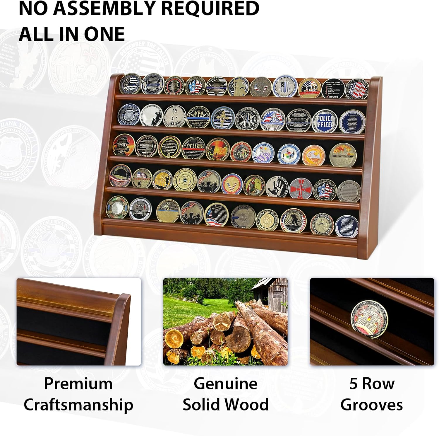 ASmileIndeep 3 Rows Wooden Challenge Coin Wall Display Stand - Military Coin Holder Army Coins Rack, Holds 21-24 Coins, Mahogany