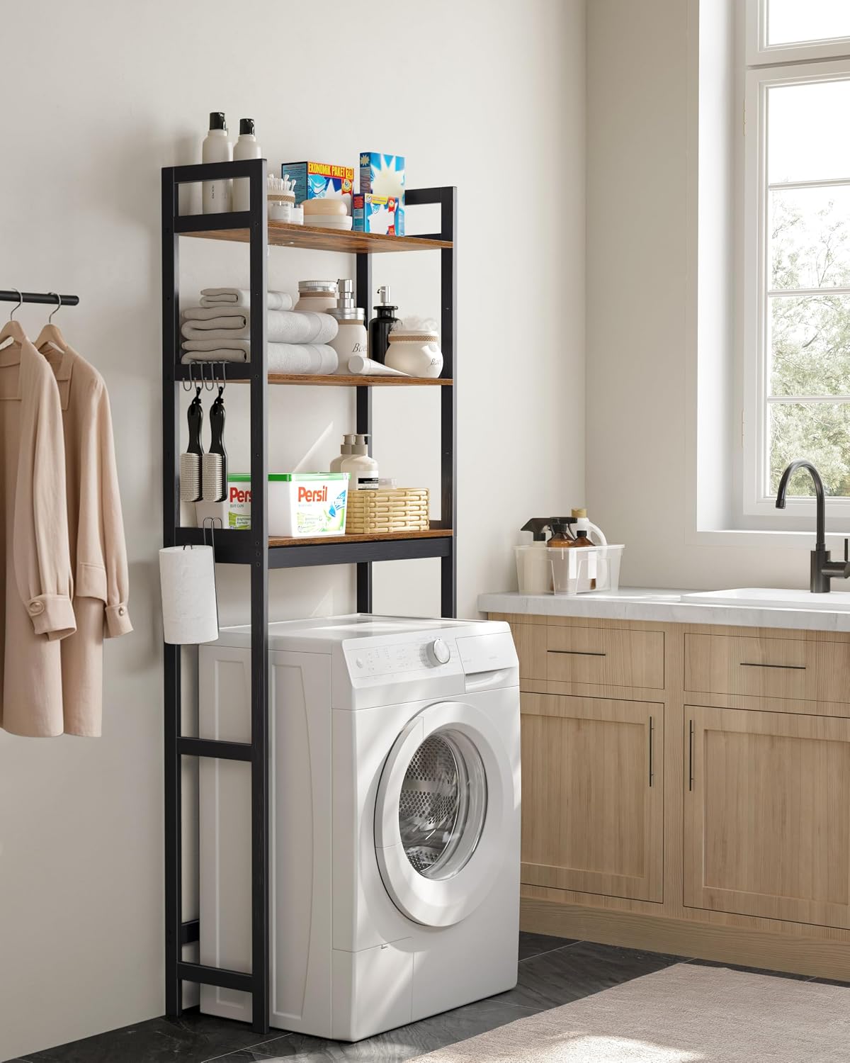 SONGMICS Over The Toilet Storage, 3-Tier Over Toilet Bathroom Organizer with Adjustable Shelf, 10.2 x 24.8 x 66.9 Inches, Space-Saving, Cloud White UBTS01WT