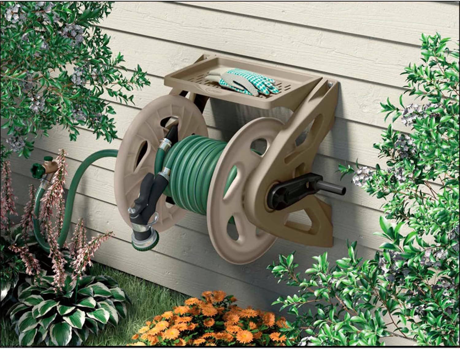 Suncast Slide Trak Garden Hose Reel, Wall-Mount Holder with Storage Tray, Dark Taupe - Outdoor Mounted Organizer for 175 Ft of 5/8" Standard Vinyl Water Hoses in Lawn and Yard