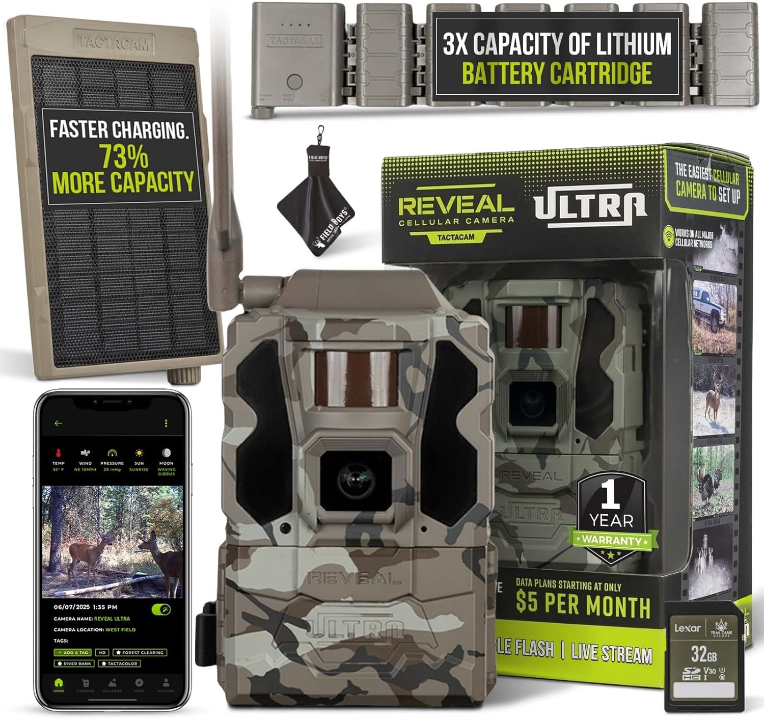 TACTACAM Reveal Ultra Cellular Trail Camera – 4K Photo, 1080P Video, Live Streaming, GPS, Low-Glow/No-Glow Flash, LTE - Includes Solar Panel