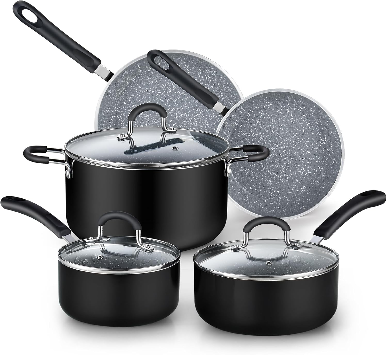 Cook N Home 8-Piece Nonstick Pot and Pan Set with Lid Induction Compatible | Cookware Set Includes Saucepan with Lid, Stockpot with Lid, Frying Pan, Kitchenware set Non Stick, Black